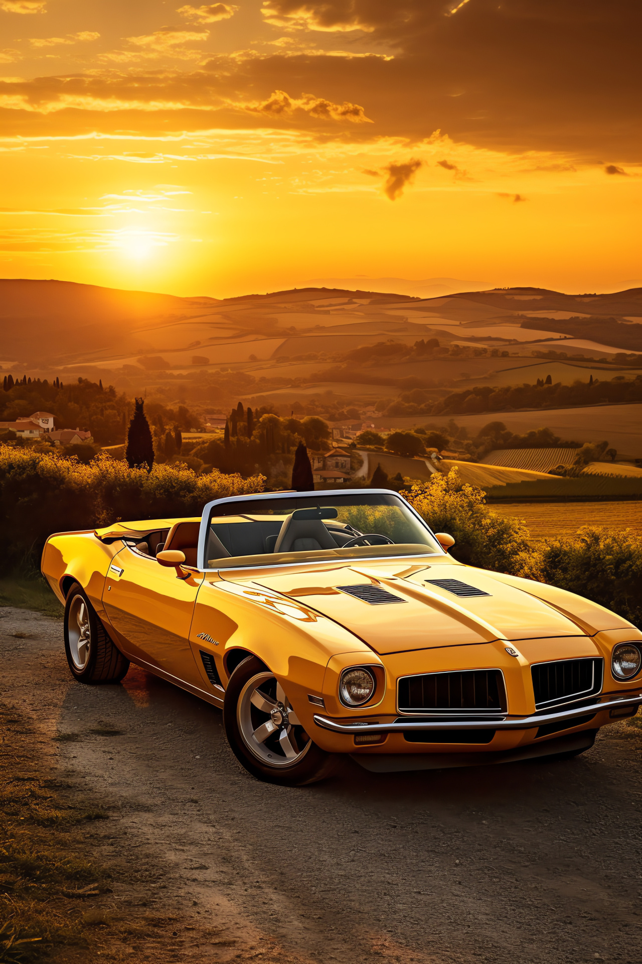 Pontiac Firebird Convertible, Tuscan retreat, Rolling hills vista, Vintage American icon, Countryside drive, HD Phone Wallpaper