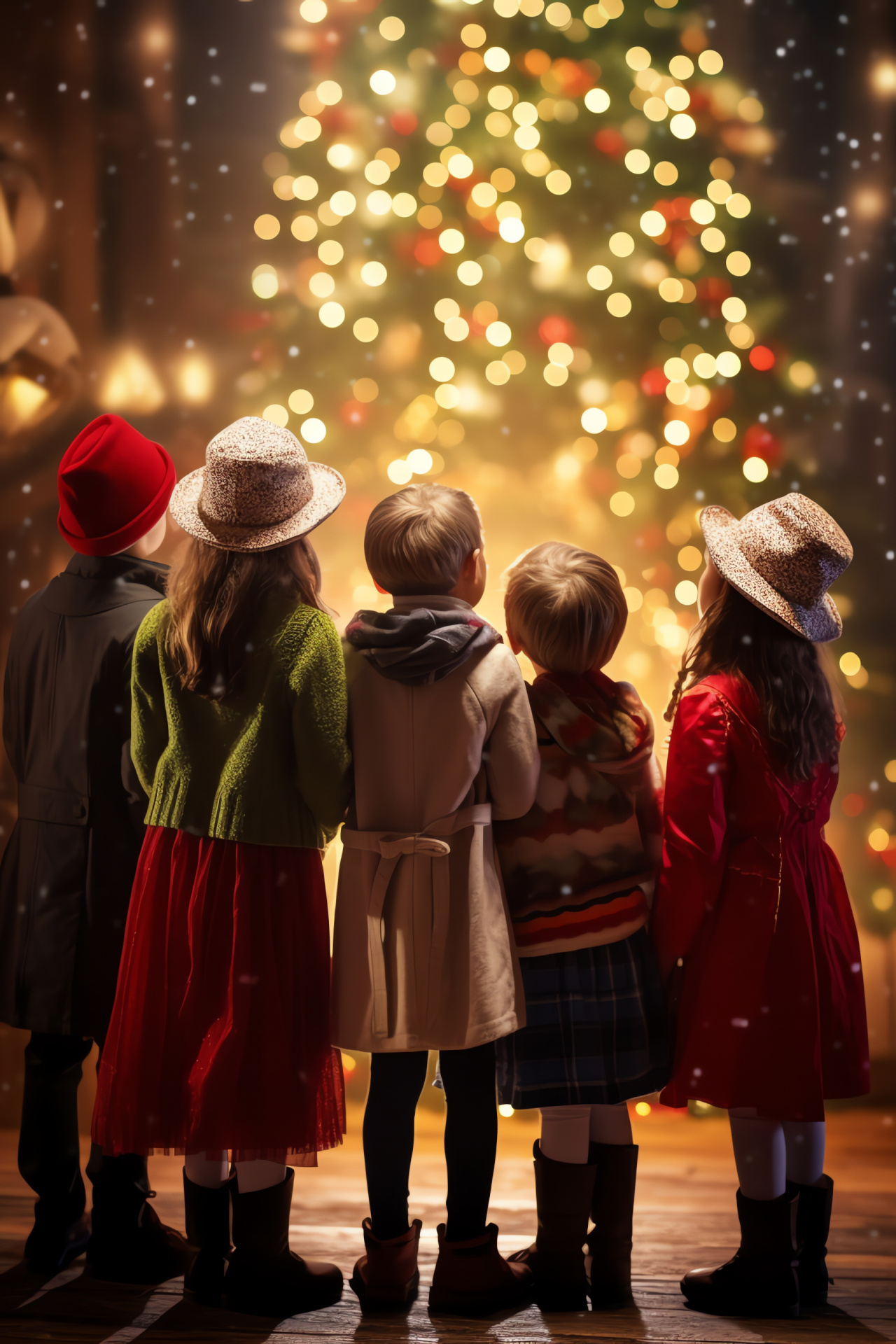 Carol singers, festive tree gathering, melody of holiday spirits, traditional winter attire, musical display, HD Phone Image