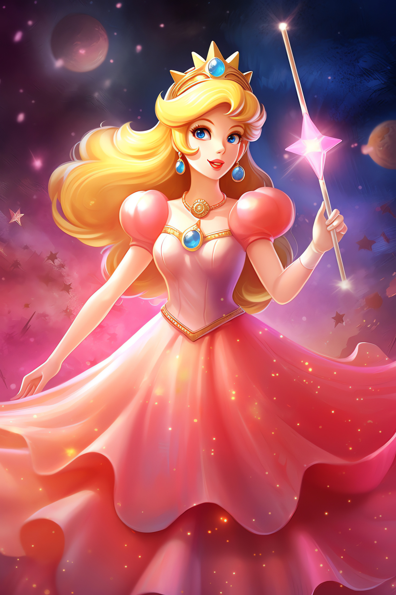 Nintendo heroine, Royal figure, Joyful character, Magical tools, Captivating visuals, HD Phone Image