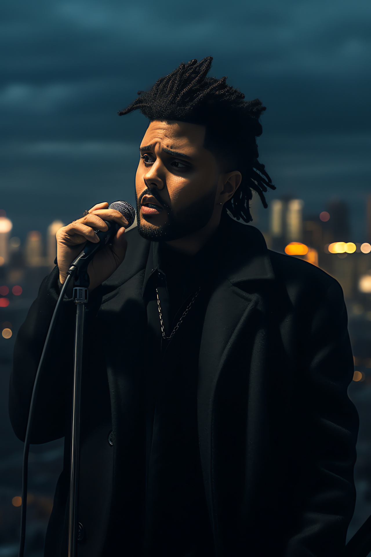 The Weeknd persona, Hairstyle mark, Distinguished setting, Modern architecture, Dark attire, HD Phone Wallpaper