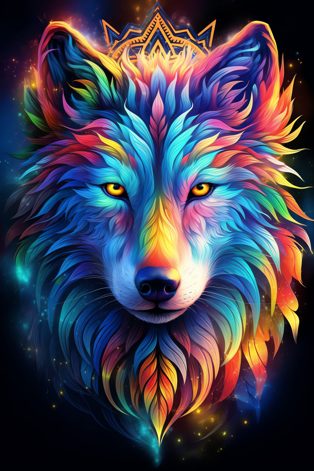Spectral wolf, fantastical creature, prismatic fur, dreamlike setting, enchanted presence, HD Phone Image