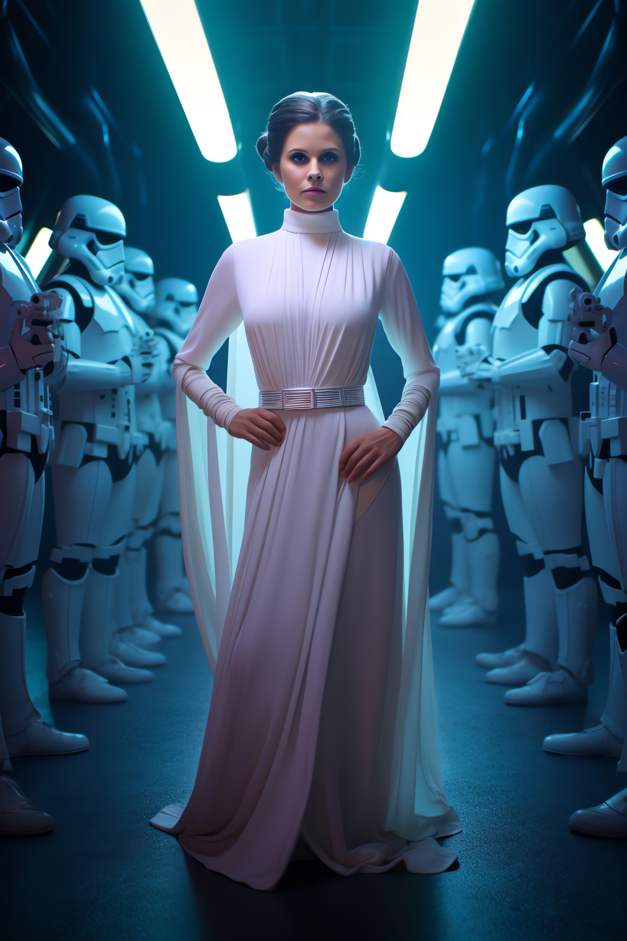 Princess Leia, White attire, Spacecraft bridge, Rebel Alliance symbol, Star Wars journey, HD Phone Wallpaper