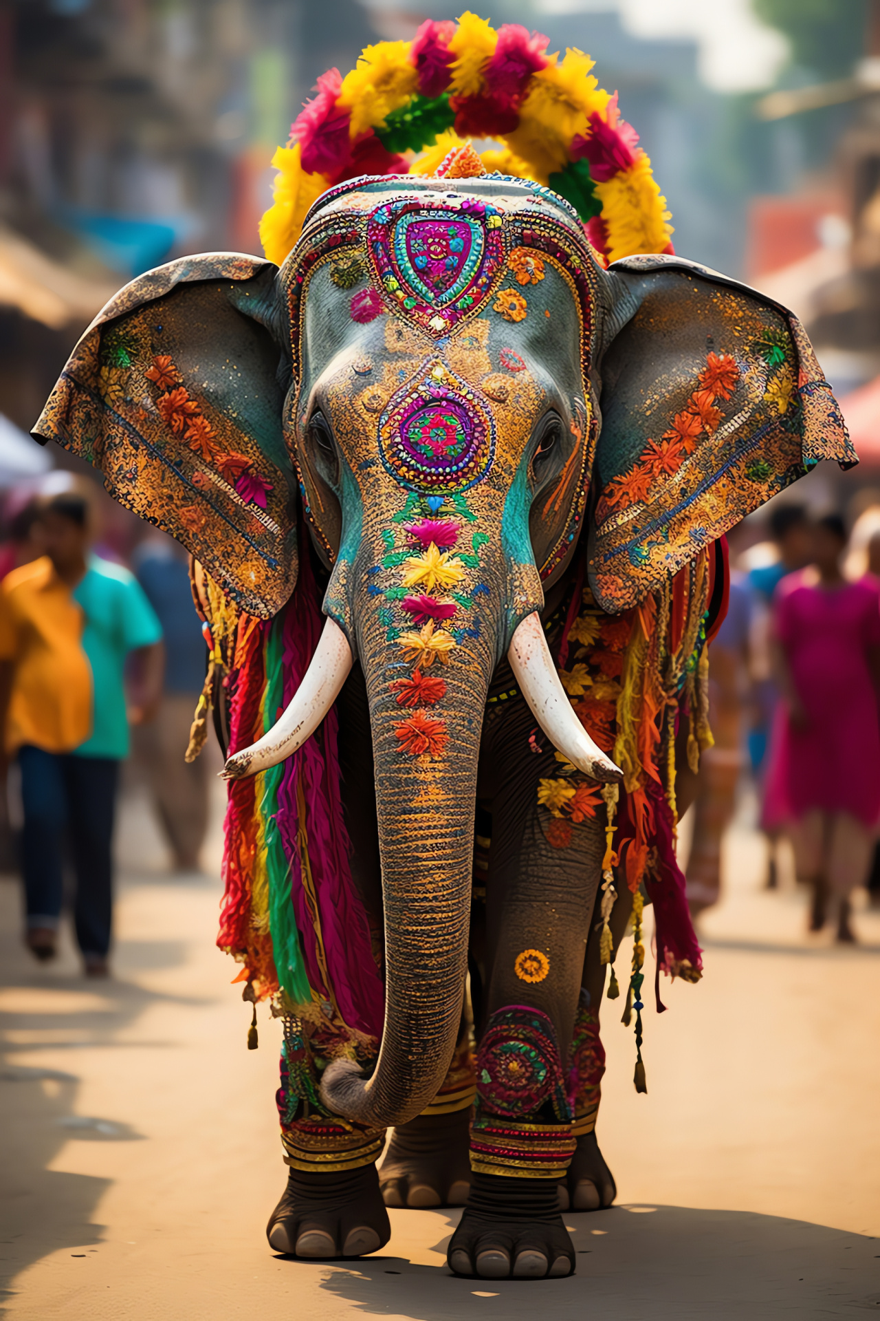 Tribal patterned elephant, Brown-eyed pachyderm, Woolly elephants, Colorful patterns, African mammals, HD Phone Image