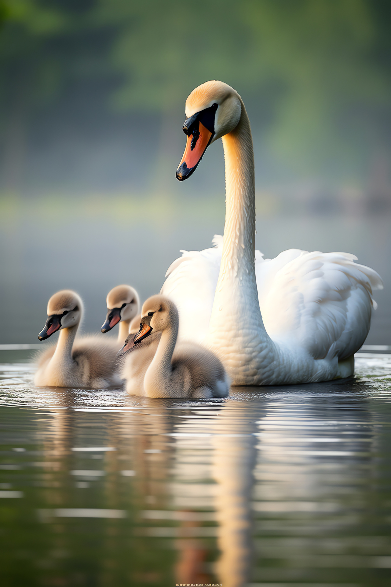 Waterfowl family, Juvenile cygnets, Feather detail, Aquatic birds, Parental care, HD Phone Image