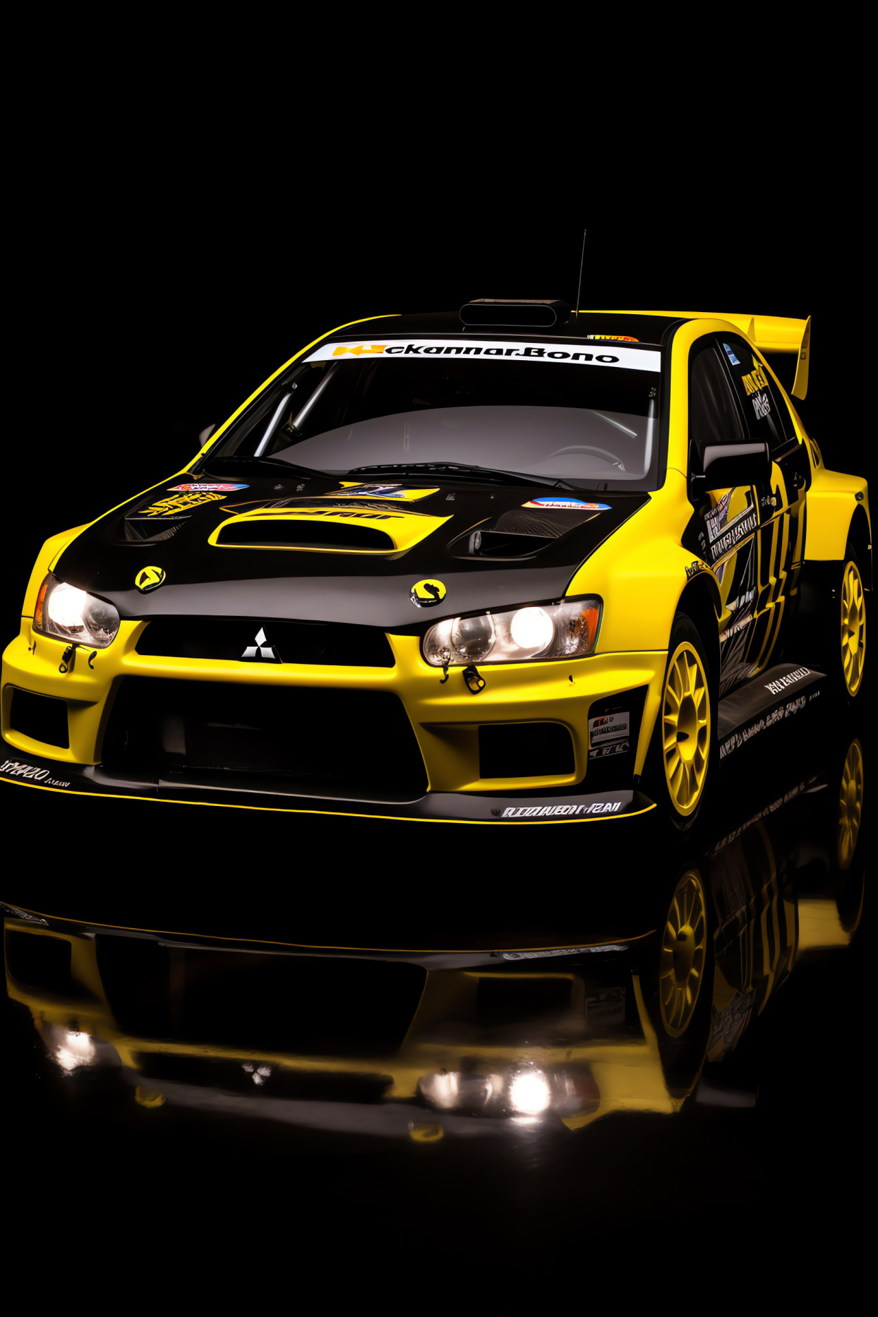 Rally Competition Car, Mitsubishi Lancer variant, World Rally Championship, energetic yellow shade, dark backdrop, HD Phone Image