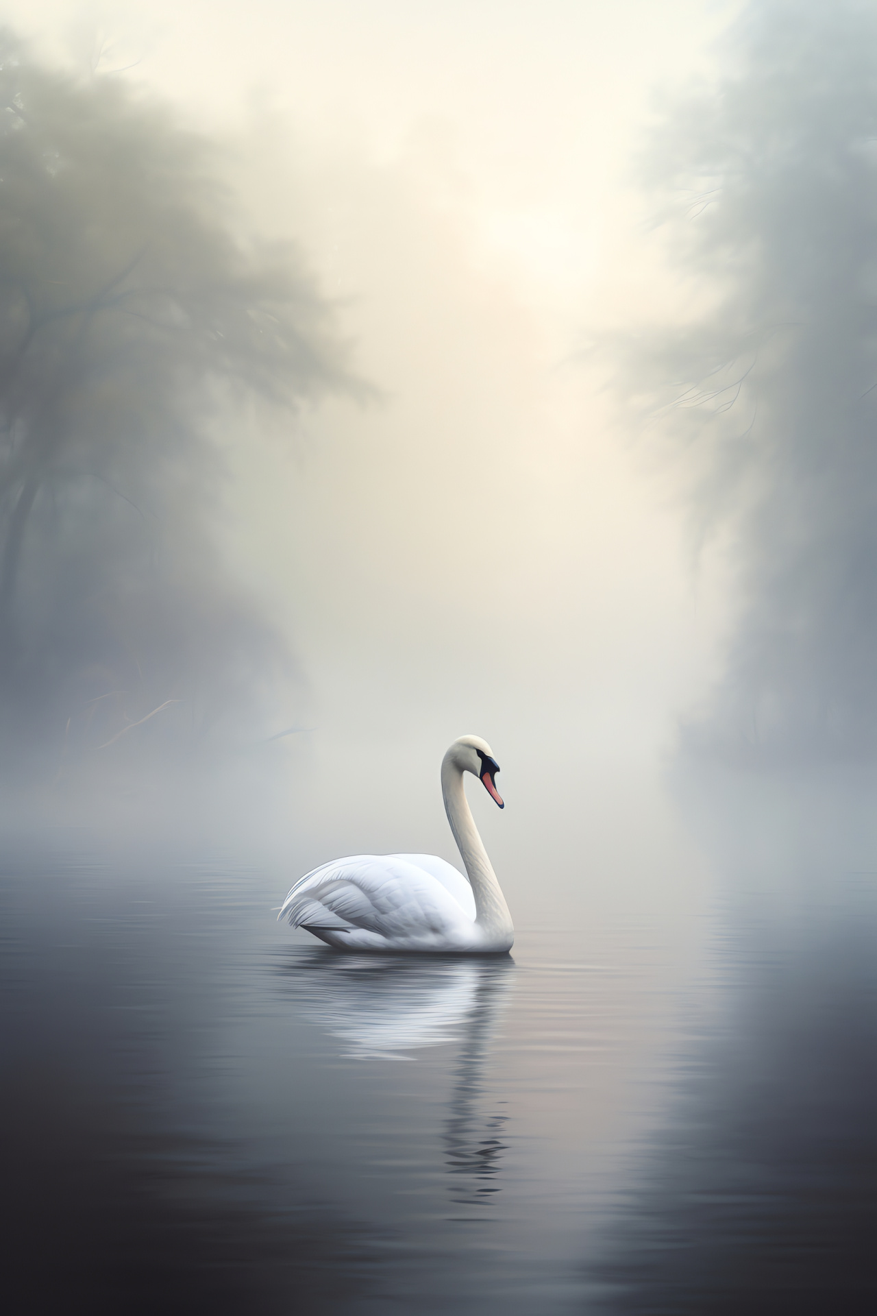 Solitary Waterbird, Noble swan bearing, Foggy aquatic setting, Soft cream plumage, Reflective water surface, HD Phone Wallpaper