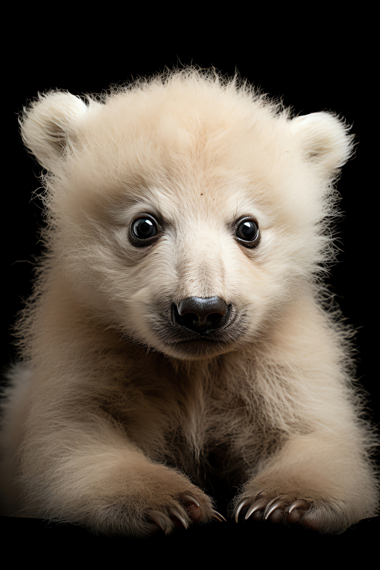 Polar Bear cub, Arctic youngling, Pure white fur innocence, Baby bear charm, Black backdrop contrast, HD Phone Wallpaper