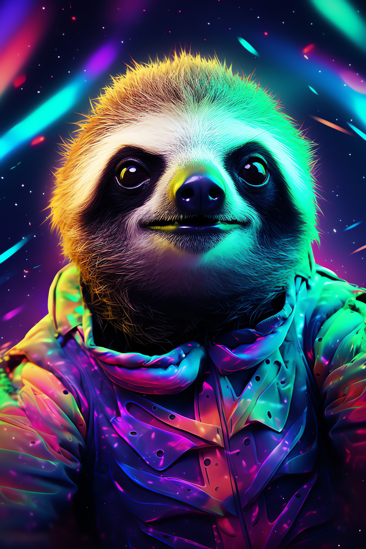 Neon Sloth concept, Radiant fur colors, Dual-toned eyes, Geometric cosmic patterns, Abstract art creature, HD Phone Wallpaper