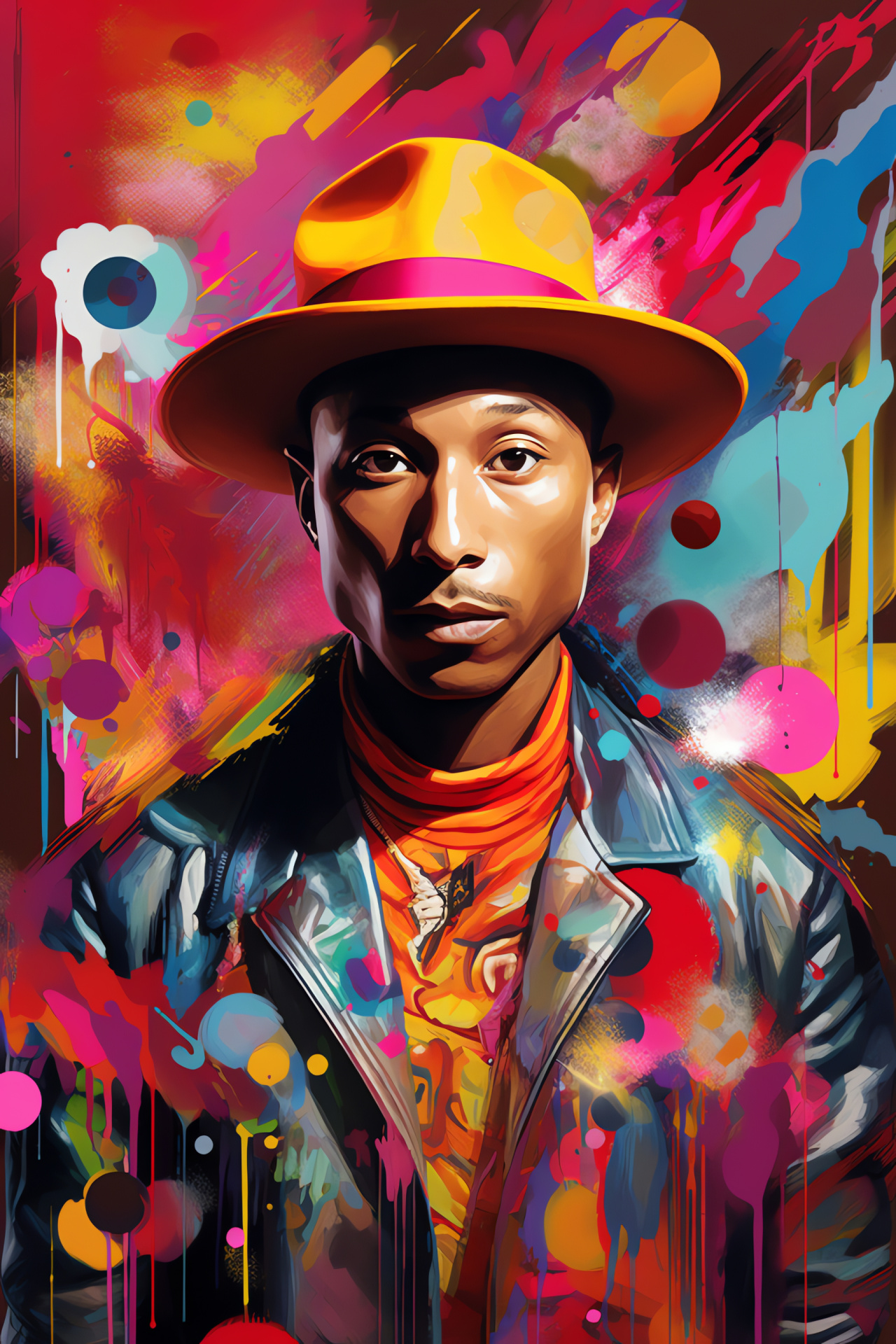 Stylish Pharrell, Avant-garde art, Fashion statement, Bold attire choices, Lively palette, HD Phone Wallpaper