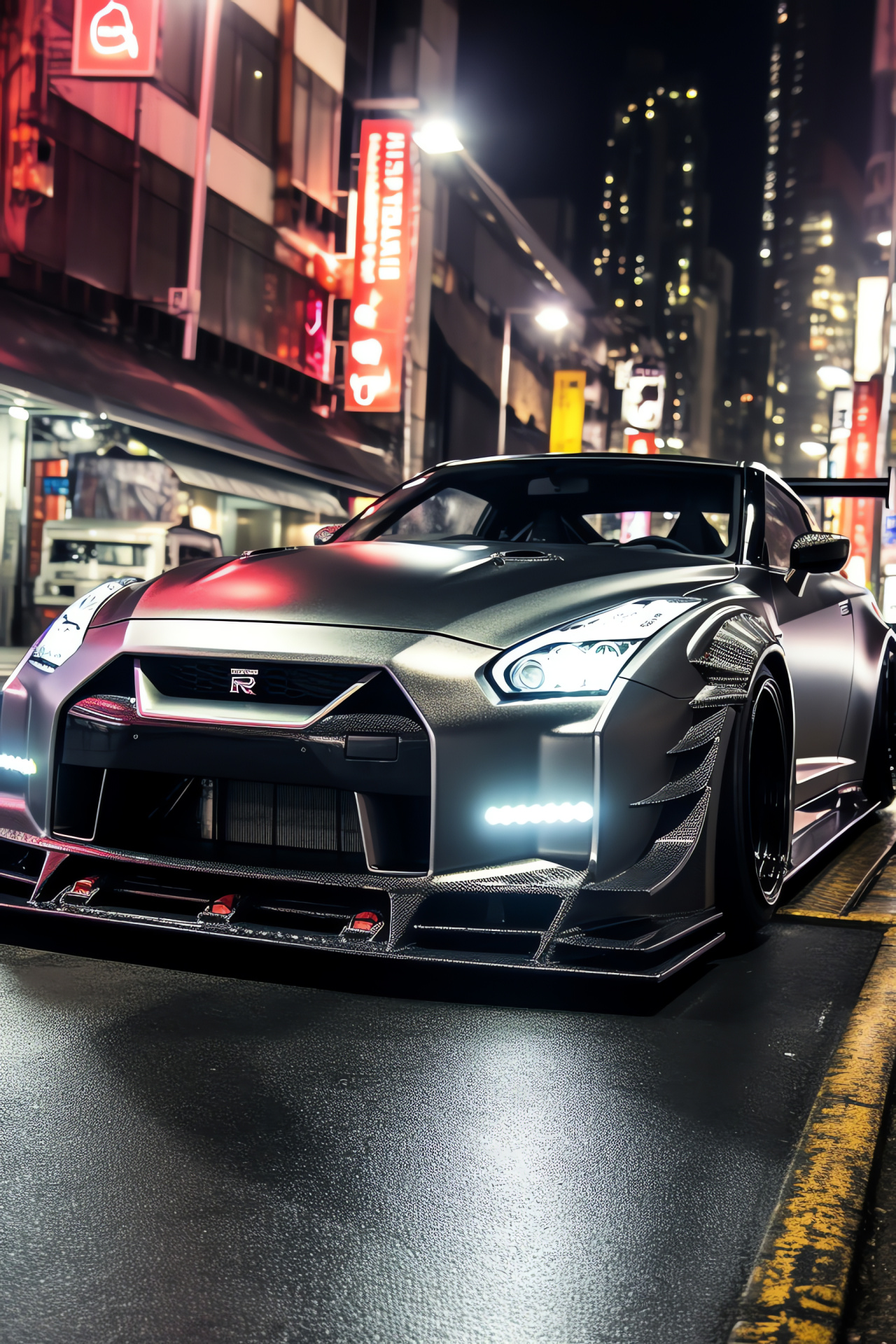 Nissan GTR Liberty Walk, Tokyo's Shibuya area, Nighttime street illumination, Automotive LED accents, Busy crosswalk, HD Phone Wallpaper