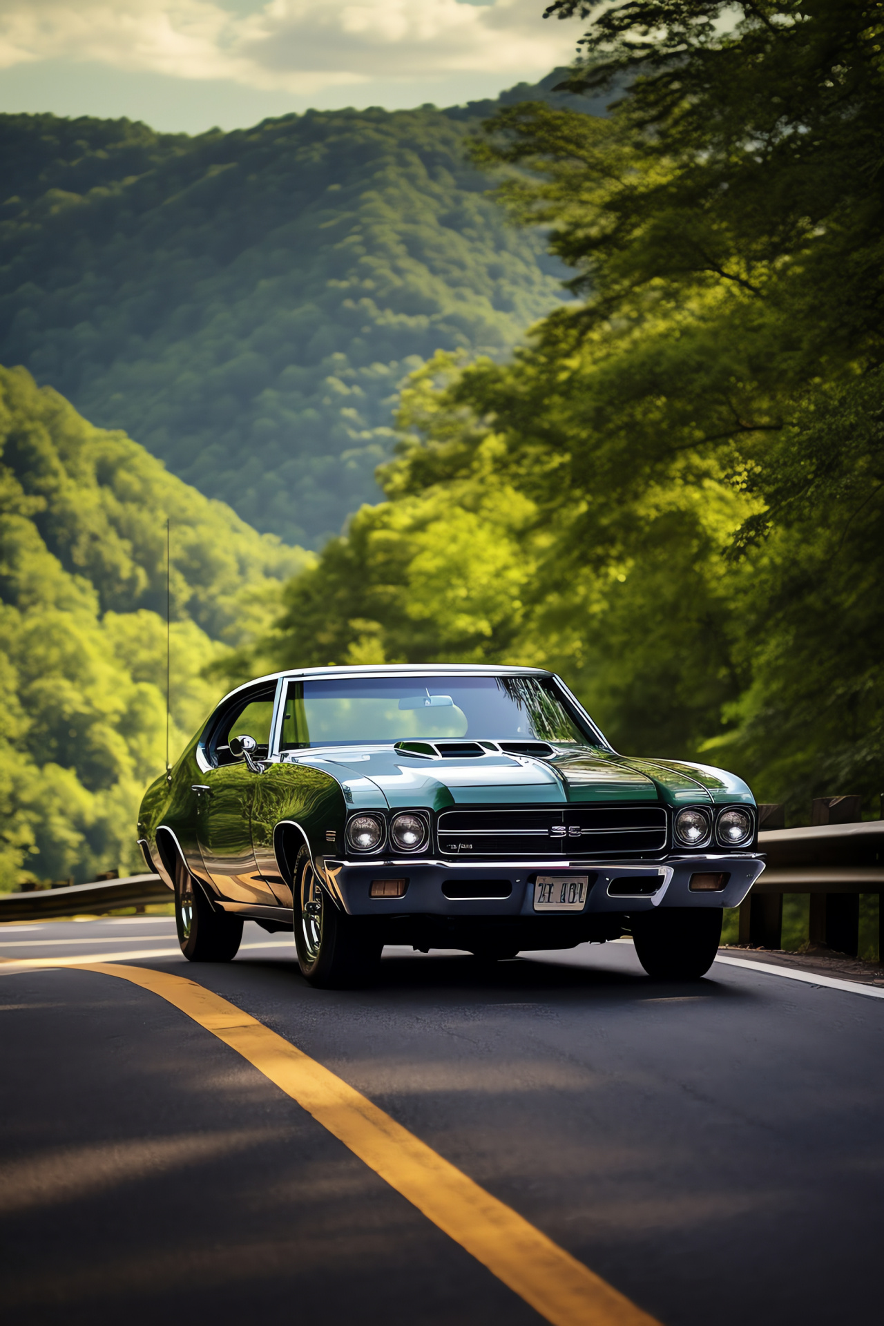 Buick Skylark GSX action, mountain road adventure, hairpin driving expertise, greenery framed auto, classic muscle car, HD Phone Image