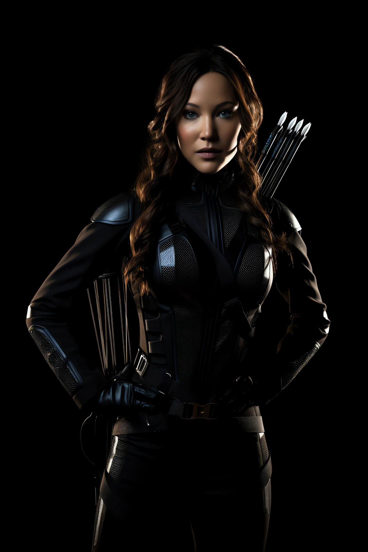 Rebel survivor Katniss Everdeen, Dystopian archer, Smoky eyes, Sharpshooting focus, Fierce stance , HD Phone Image