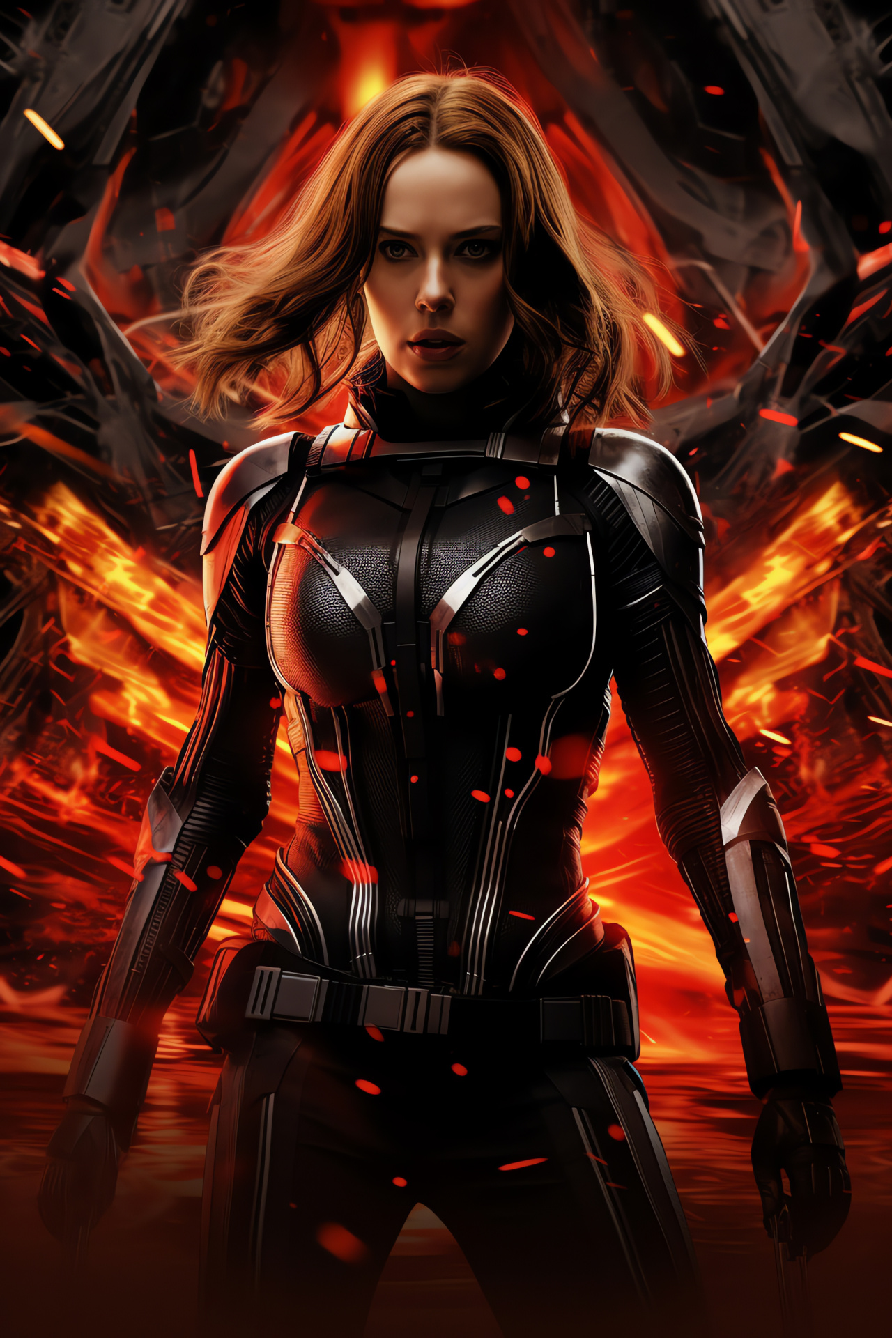 Scarlett Johansson stance, Marvel heroine, Intense eye expression, Artistic design element, HD Phone Wallpaper