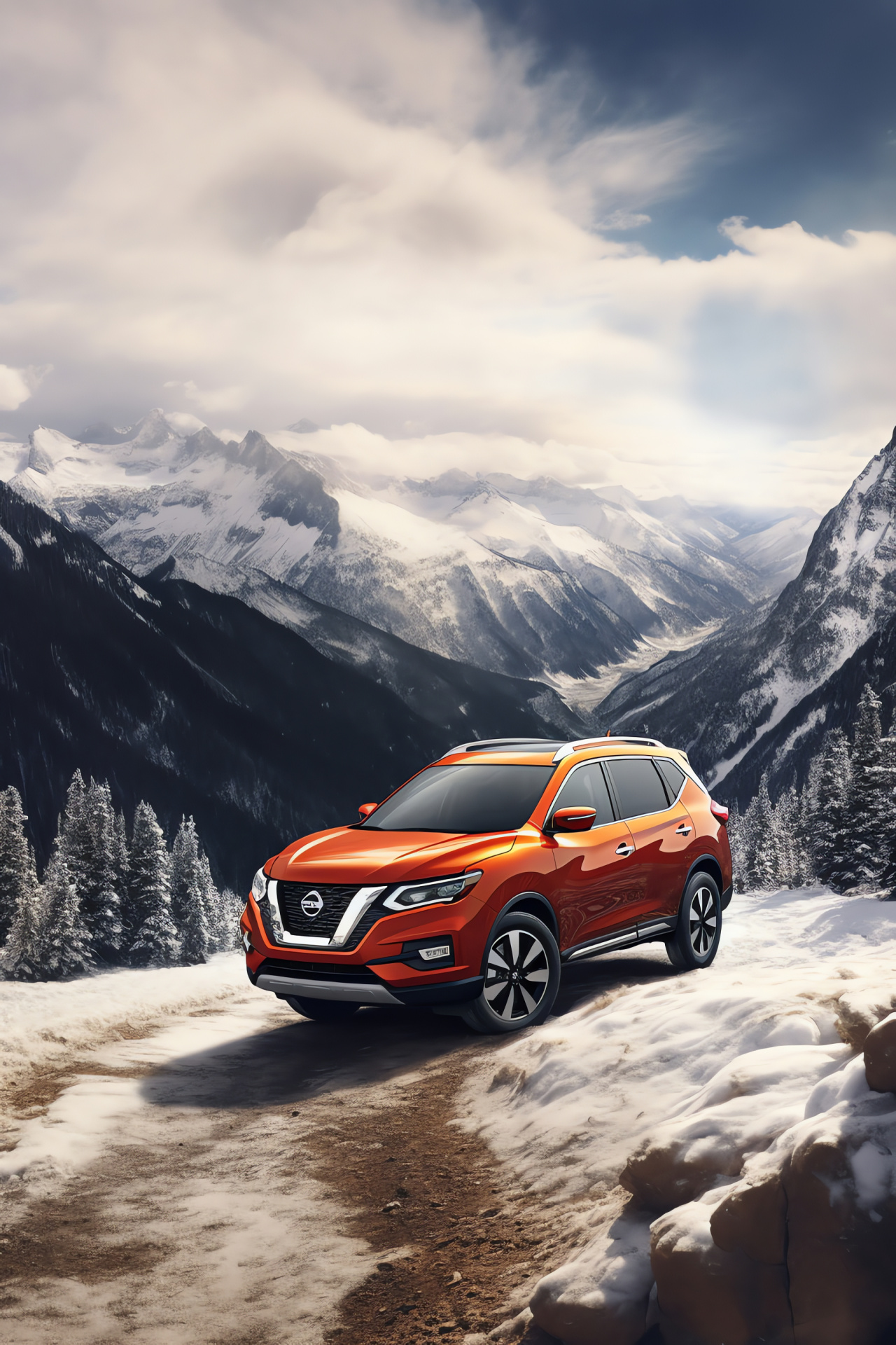 Nissan automaker emblem, Aspen luxury vehicles, Nissan SUV model, Winter driving experience, Snowy mountain scenery, HD Phone Image