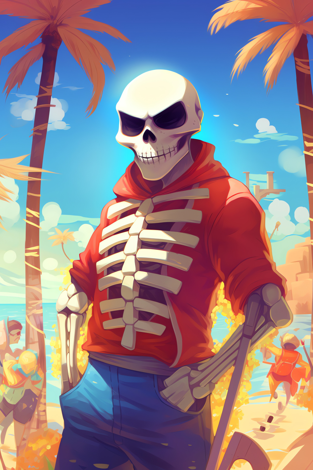 Sans the skeleton, Beachside relaxation, Undertale game, Tropical palms, Fictional resort leisure, HD Phone Image