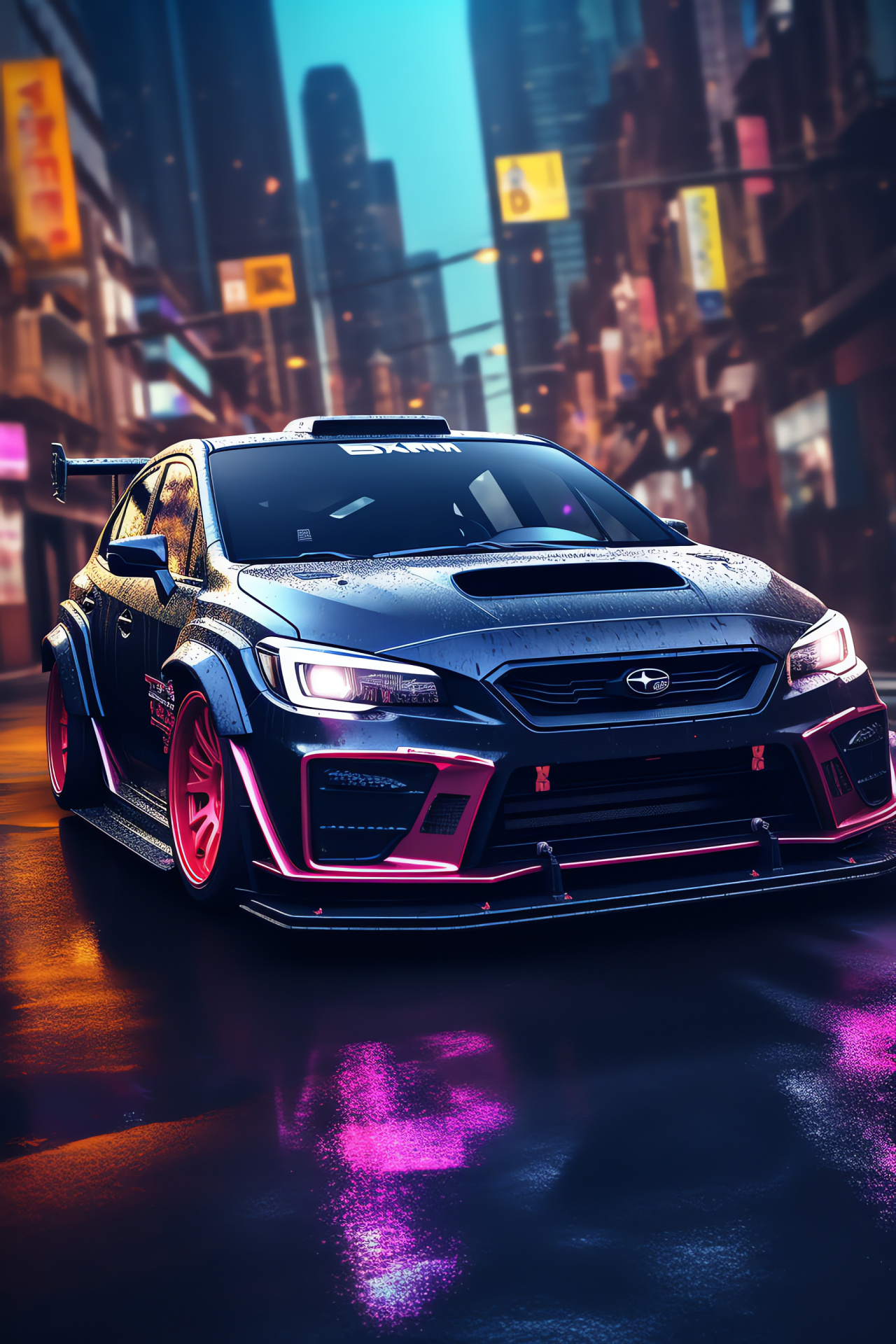 Cyberpunk Subaru Impreza, Video game tie-in, Modified appearance, New-age aesthetics, Light decorations, HD Phone Wallpaper