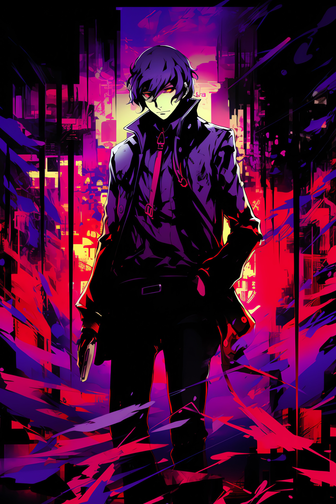 Persona game protagonist, Piercing blue eyes, Lead character focus, Confident stance, Heroic protagonist, HD Phone Image