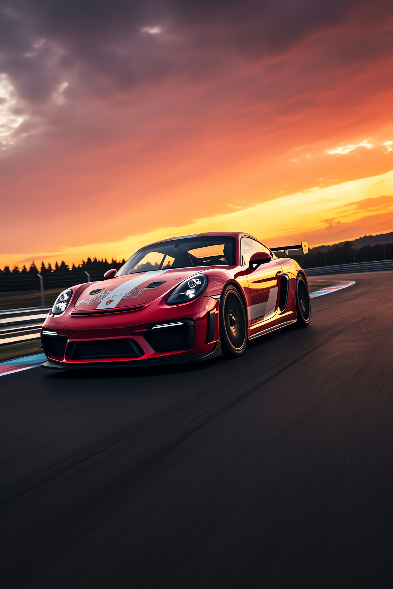 Le Mans ready Porsche Cayman, GT4 RS edition, Wide fenders, Motorsport livery, Racing dynamic, Sunset racing, HD Phone Image