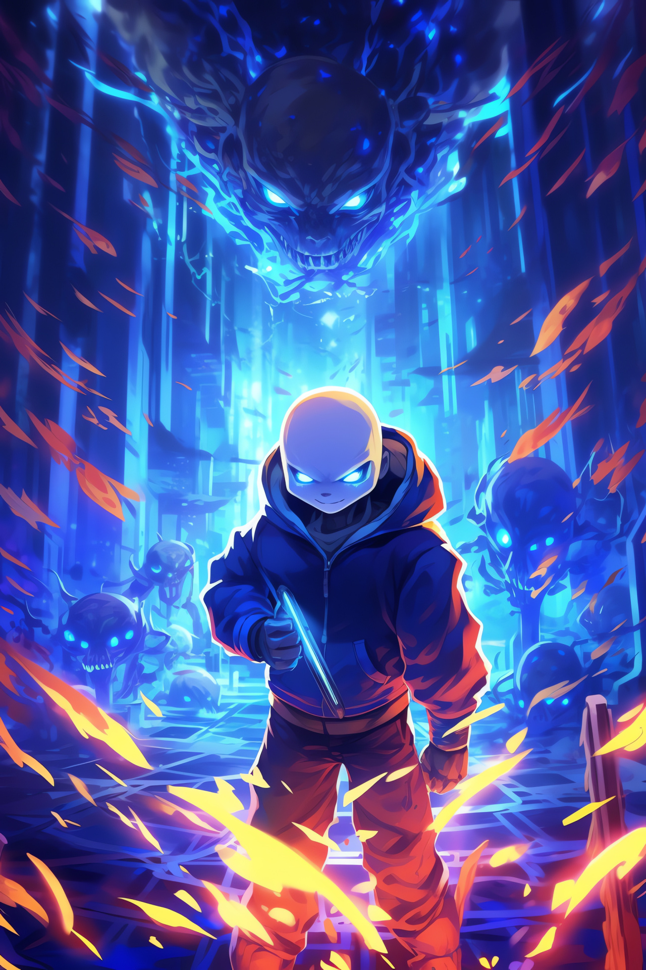 Undertale Sans, Cryptic character, Light line abstraction, Colored backdrop, Engaging puzzle, HD Phone Wallpaper