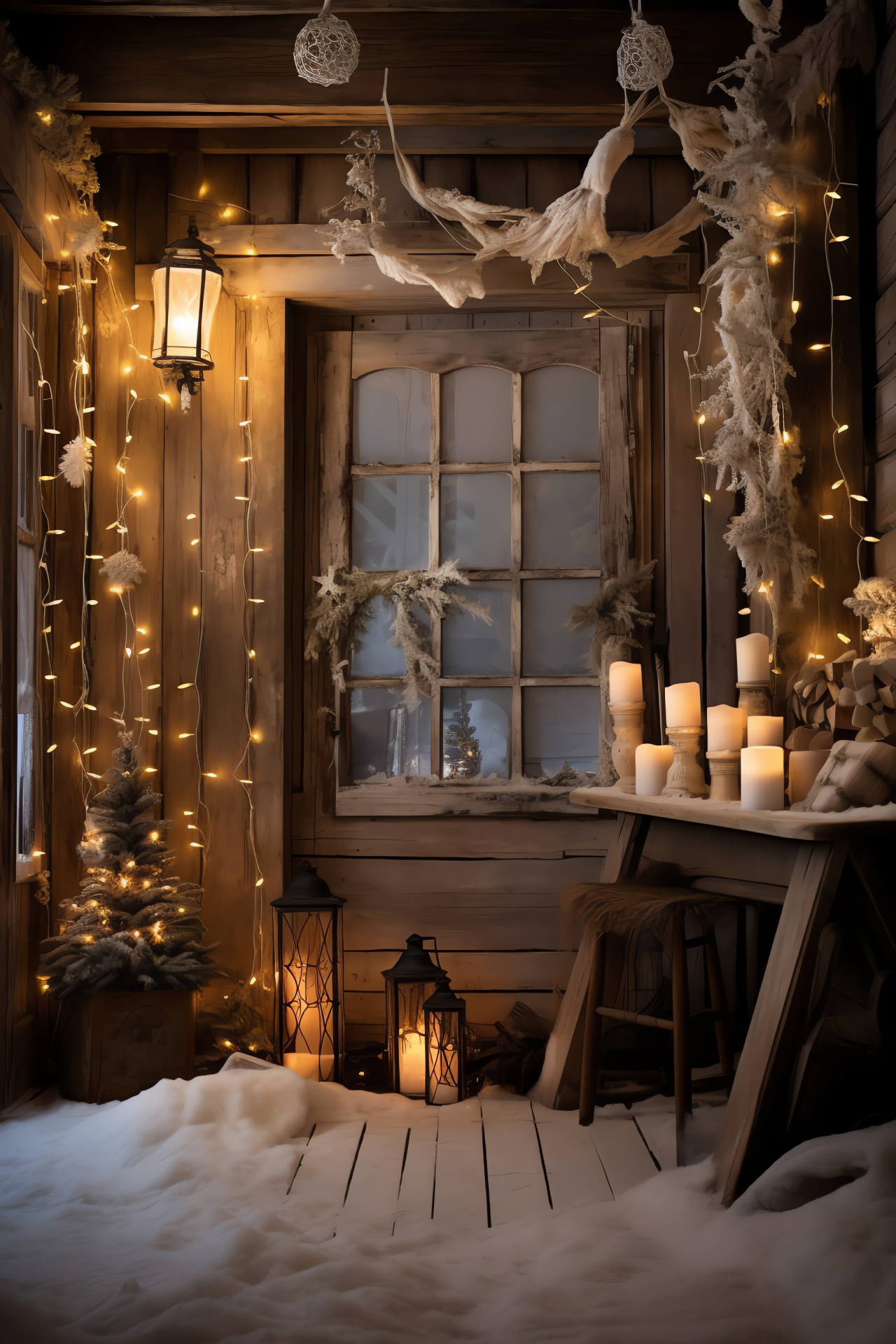 Quaint abode with white Christmas lights, inviting warm radiance, gentle nocturnal gleam, pastoral chamber decor, HD Phone Wallpaper
