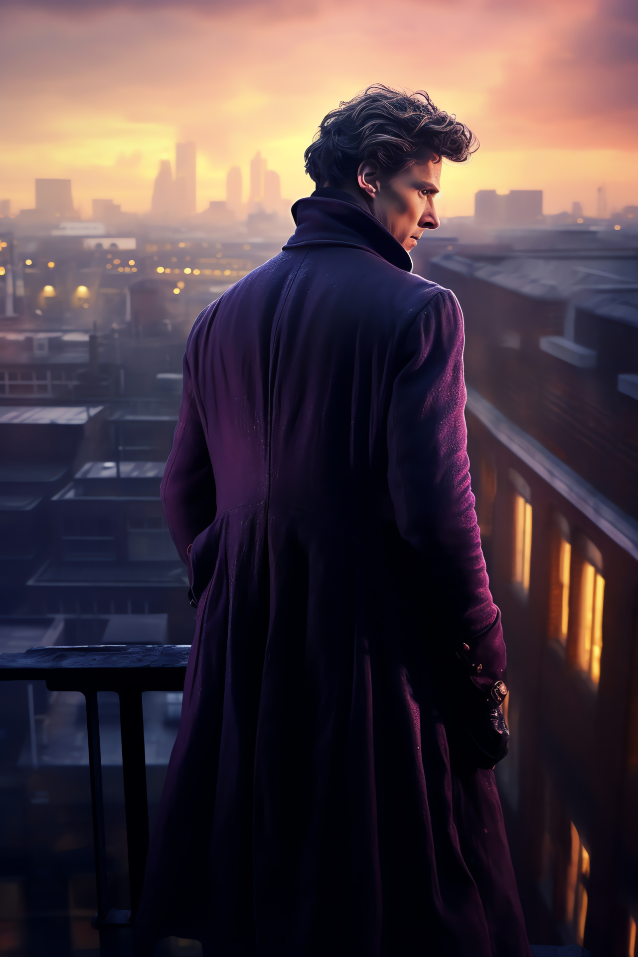 Detective Sherlock Holmes, Benedict Cumberbatch portrayal, Metropolis observation, Iconic detective attire, Mystery series, HD Phone Image