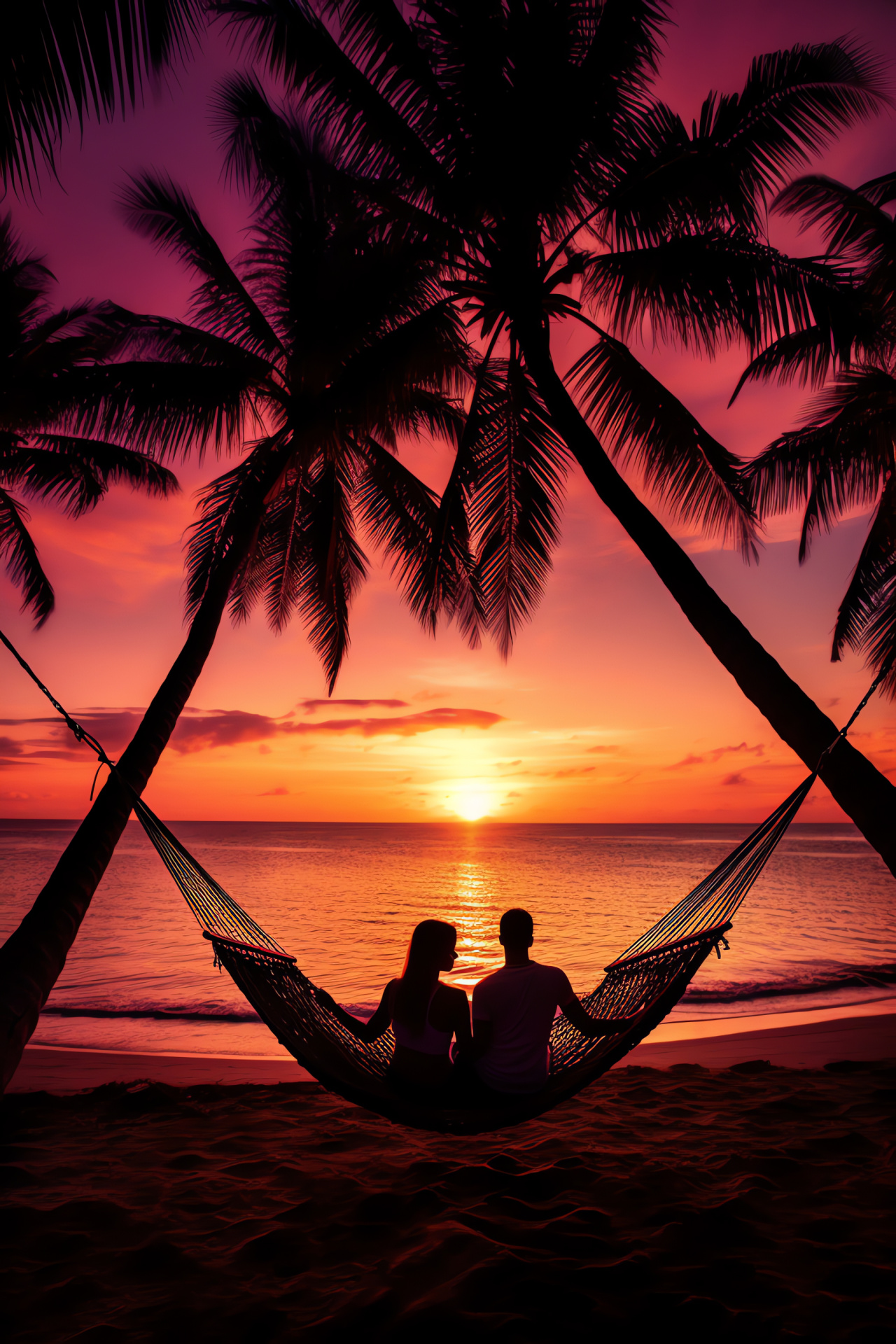 Romantic getaway, idyllic setting, loving couple, swaying tropicals, coastal repose, HD Phone Image