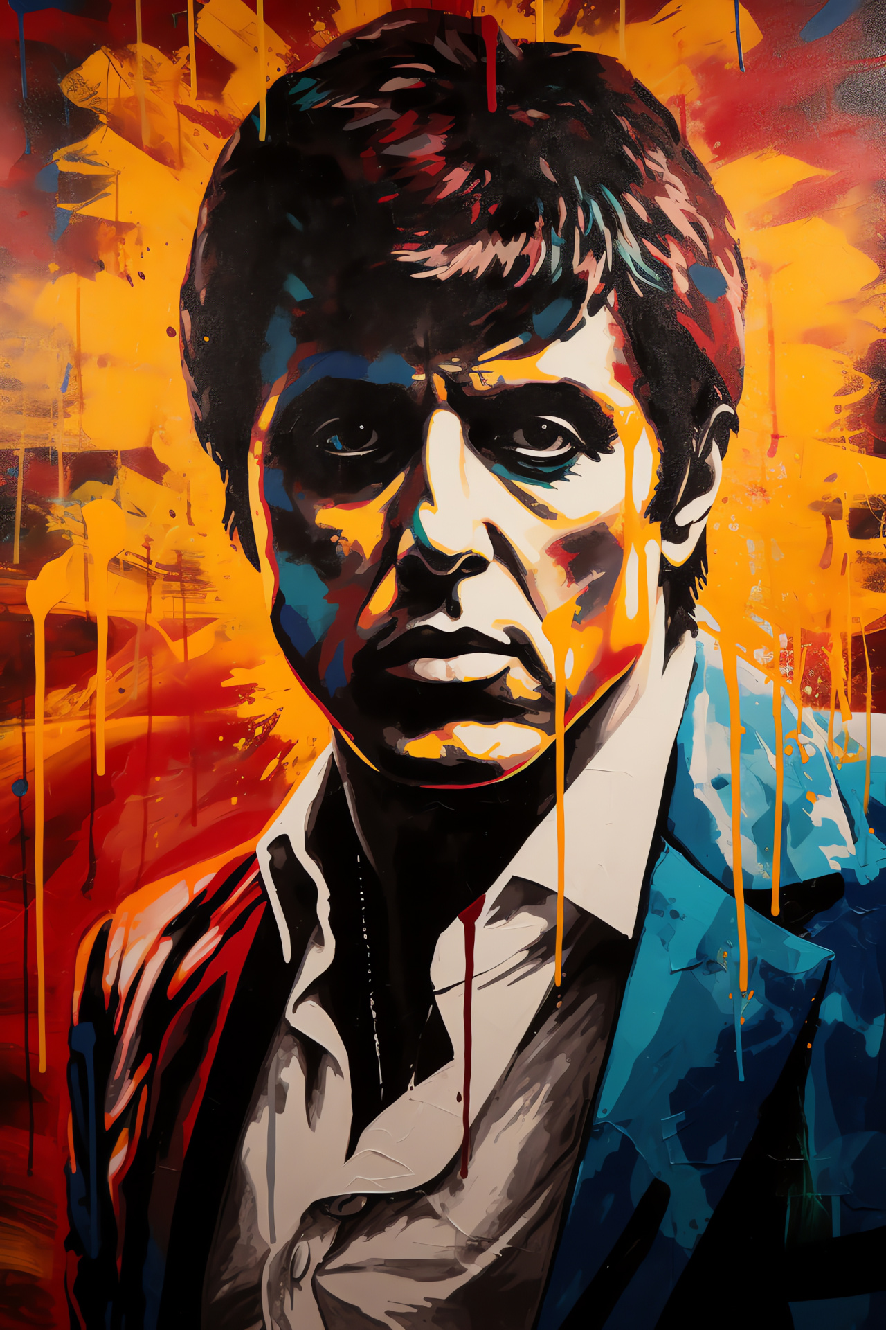 Tony Montana art, Dramatic mural, Bold contrast, Crime film legacy, Artistic representation, HD Phone Wallpaper