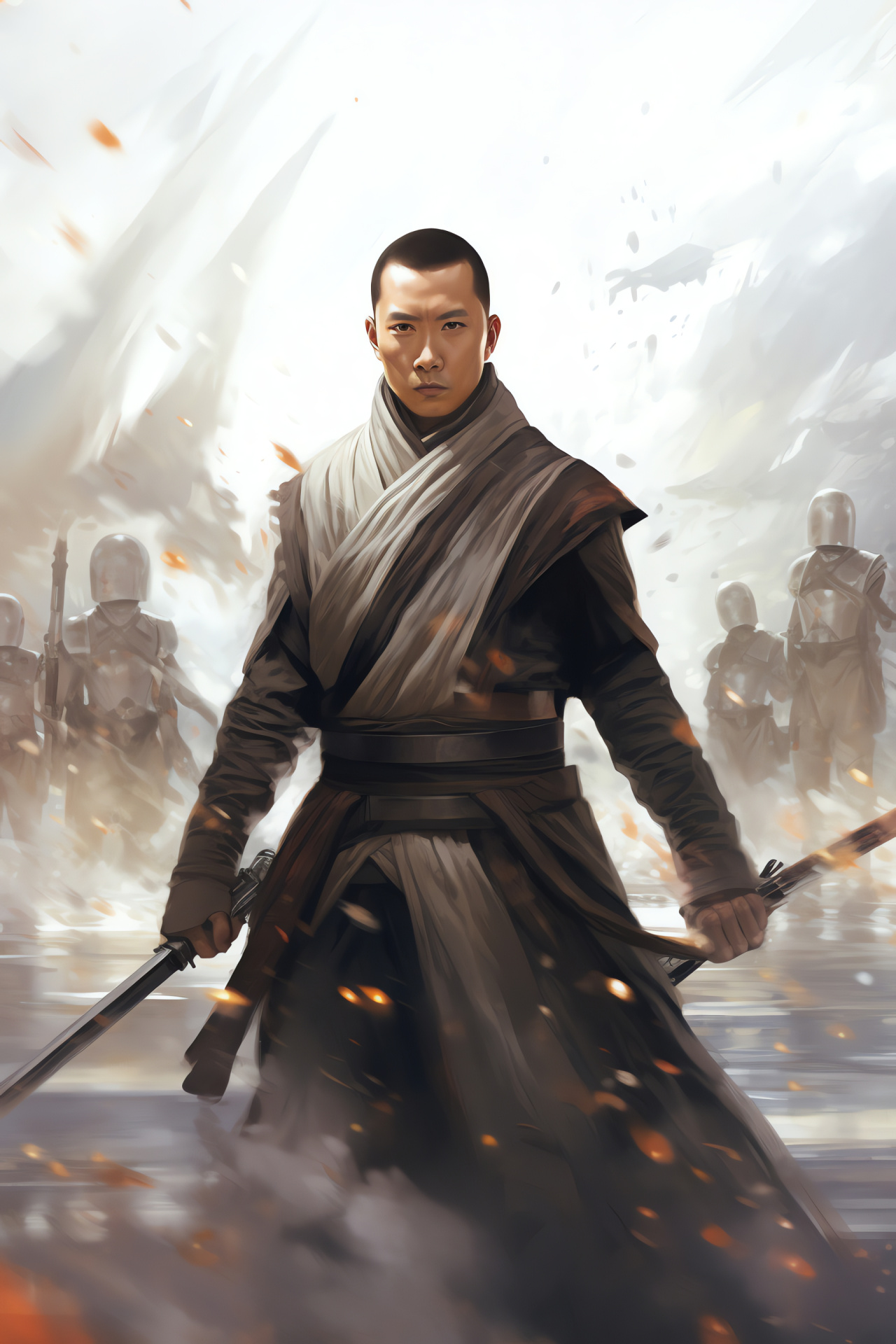 Chirrut mwe in action, Star Wars combatant, Imperial adversaries, Blurred battleground, Galactic warrior, HD Phone Image