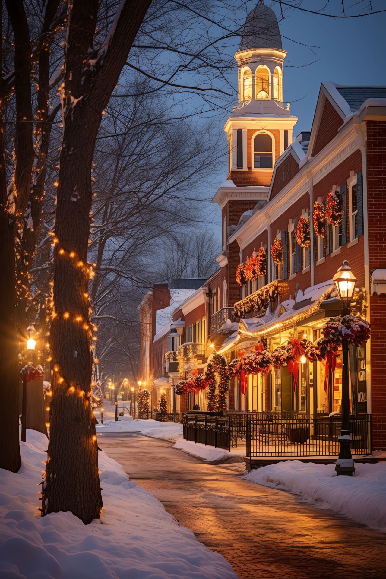 Quaint town merriment, New England festive scene, snowflake adornment, warm cider tradition, idyllic winter setting, HD Phone Wallpaper