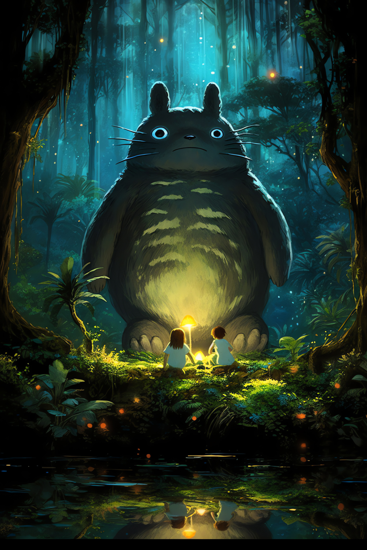 Enchanted Totoro scene, Woodland sprite encounter, Animated adventure, Luminous nocturnal flora, Sisters' exploration, HD Phone Image