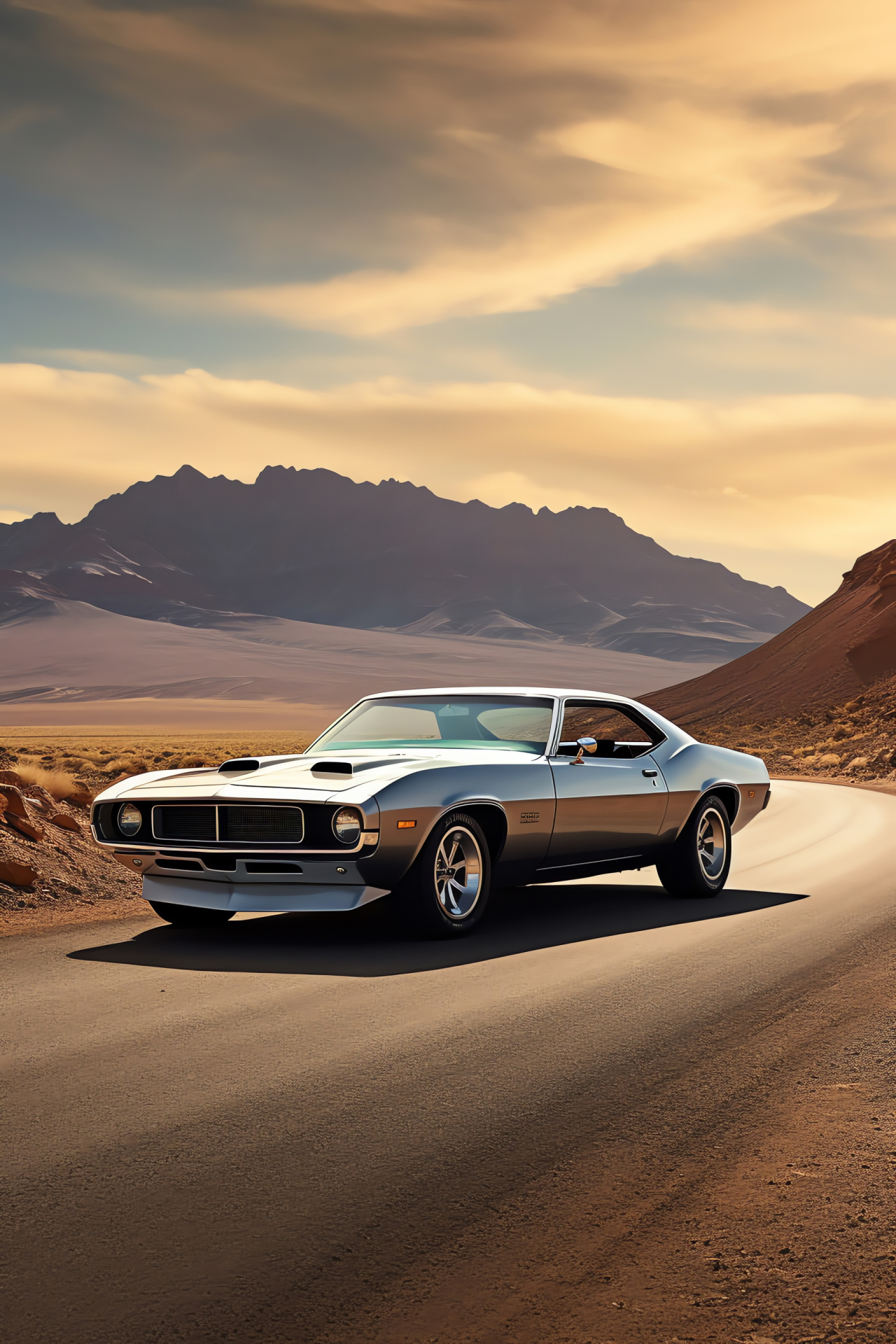 Plymouth Barracuda Fastback, Desert highway cruiser, Sleek silver finish, Classic American design, Rugged vehicle backdrop, HD Phone Wallpaper