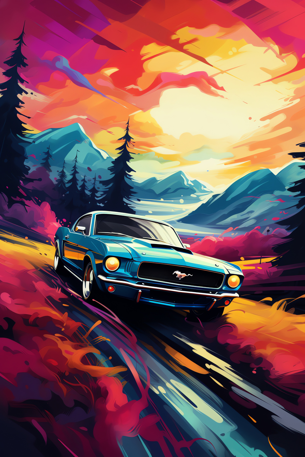 Mustang close-up, chromatic panorama, artful vehicle detailing, aerosolized color spectrum, radiant aesthetic, HD Phone Wallpaper