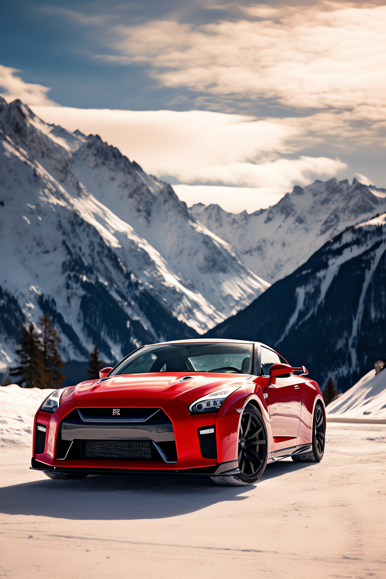 Nissan GTR R35, Skyline enthusiasts' choice, Alpine environment, Expansive scenic roads, Striking red livery, HD Phone Wallpaper