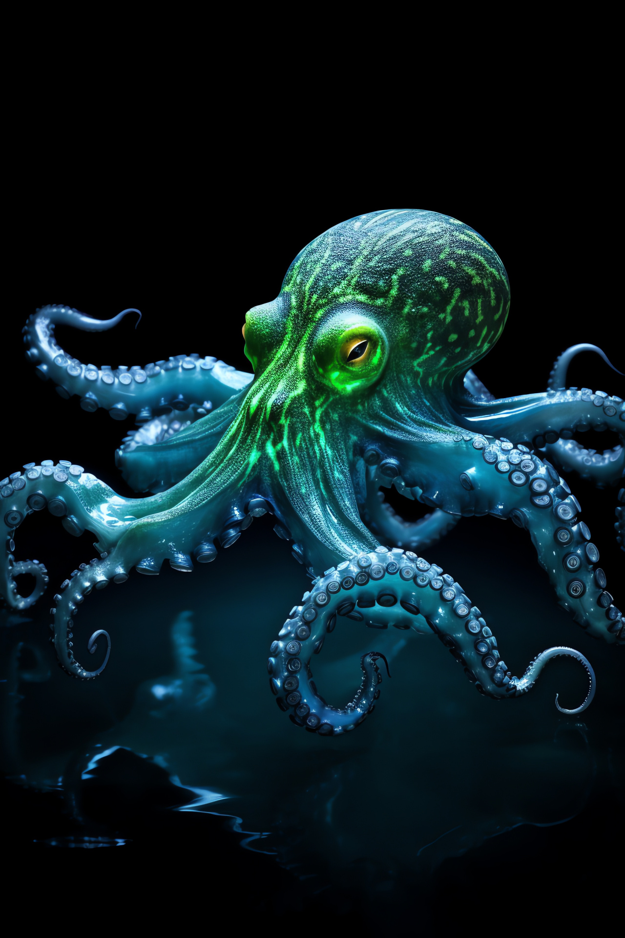 Majestic Octopus, Marine blue-green hues, Oceanic glide, Captivating body contours, Aquatic gaze, HD Phone Image