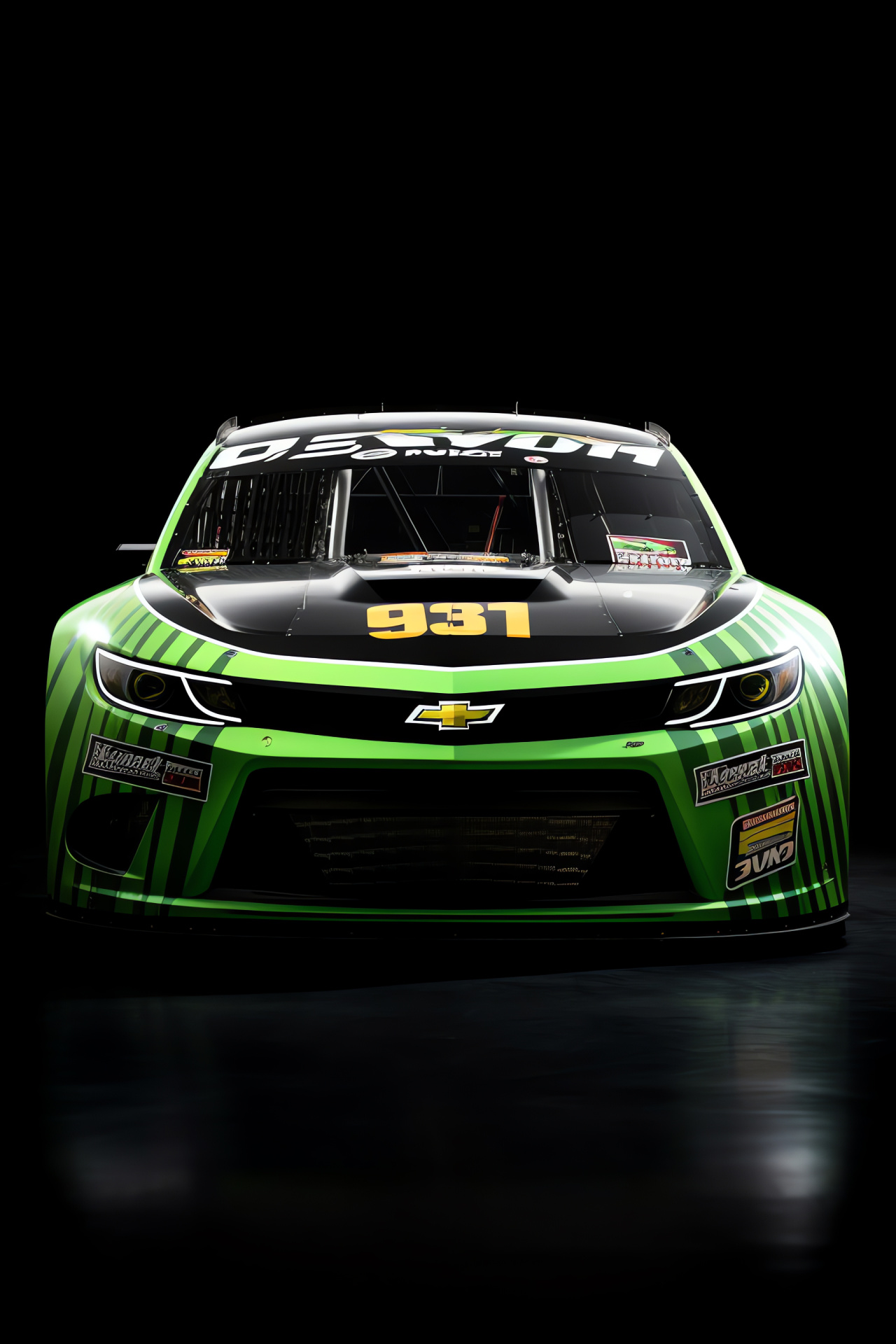 NASCAR competition, professional driver, green livery vehicle, broad racetrack view, sleek black ambiance, HD Phone Image