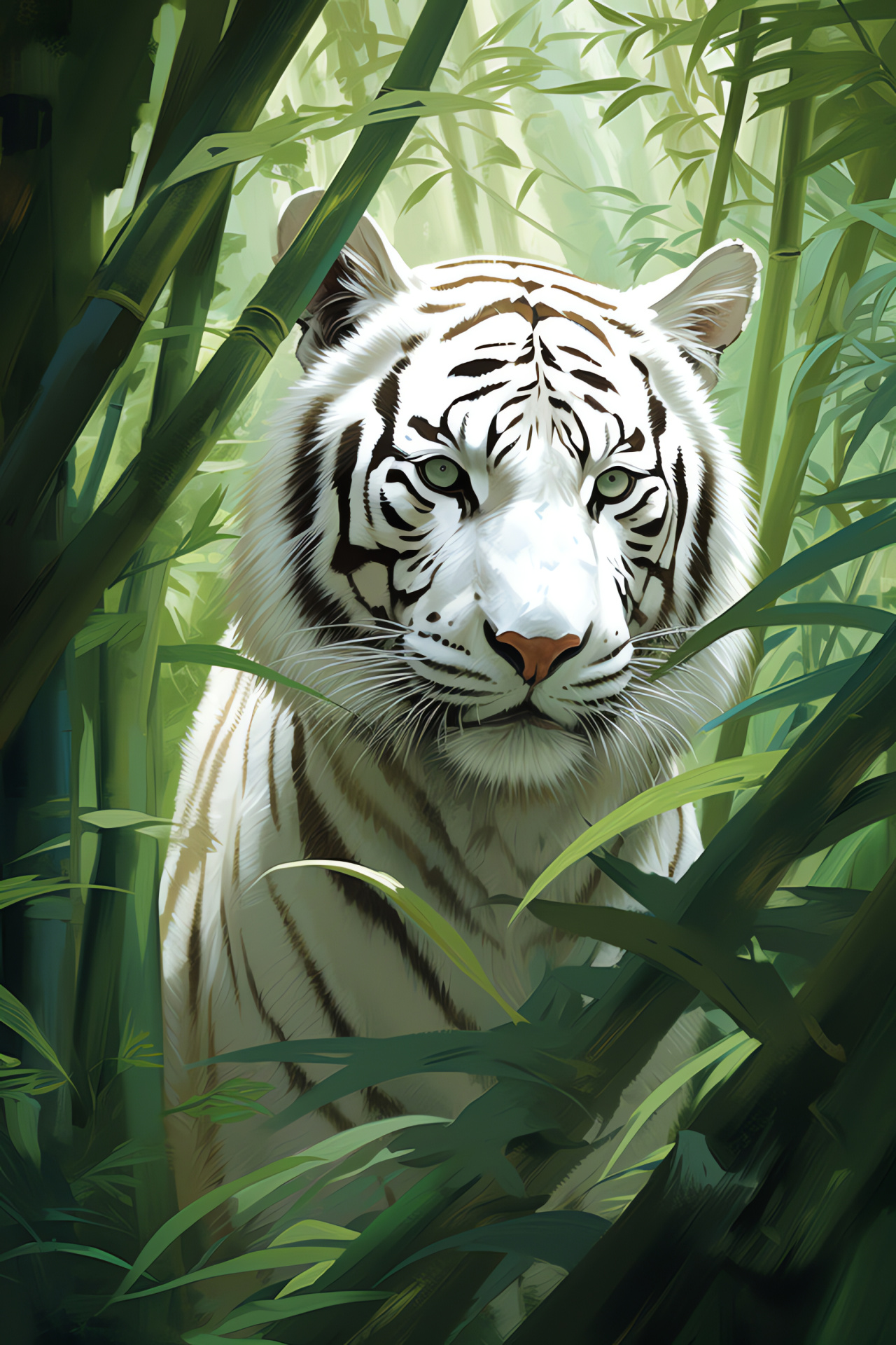 White Tiger environment, Jungle sovereign, Striped beauty, Feline jungle inhabitant, Bamboo coverture, HD Phone Image