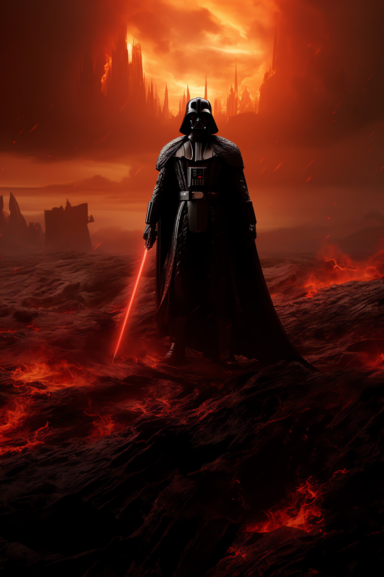Sith transformation, Lava planet, Science fiction environment, Volcanic landscape, Epic duel setting, HD Phone Wallpaper