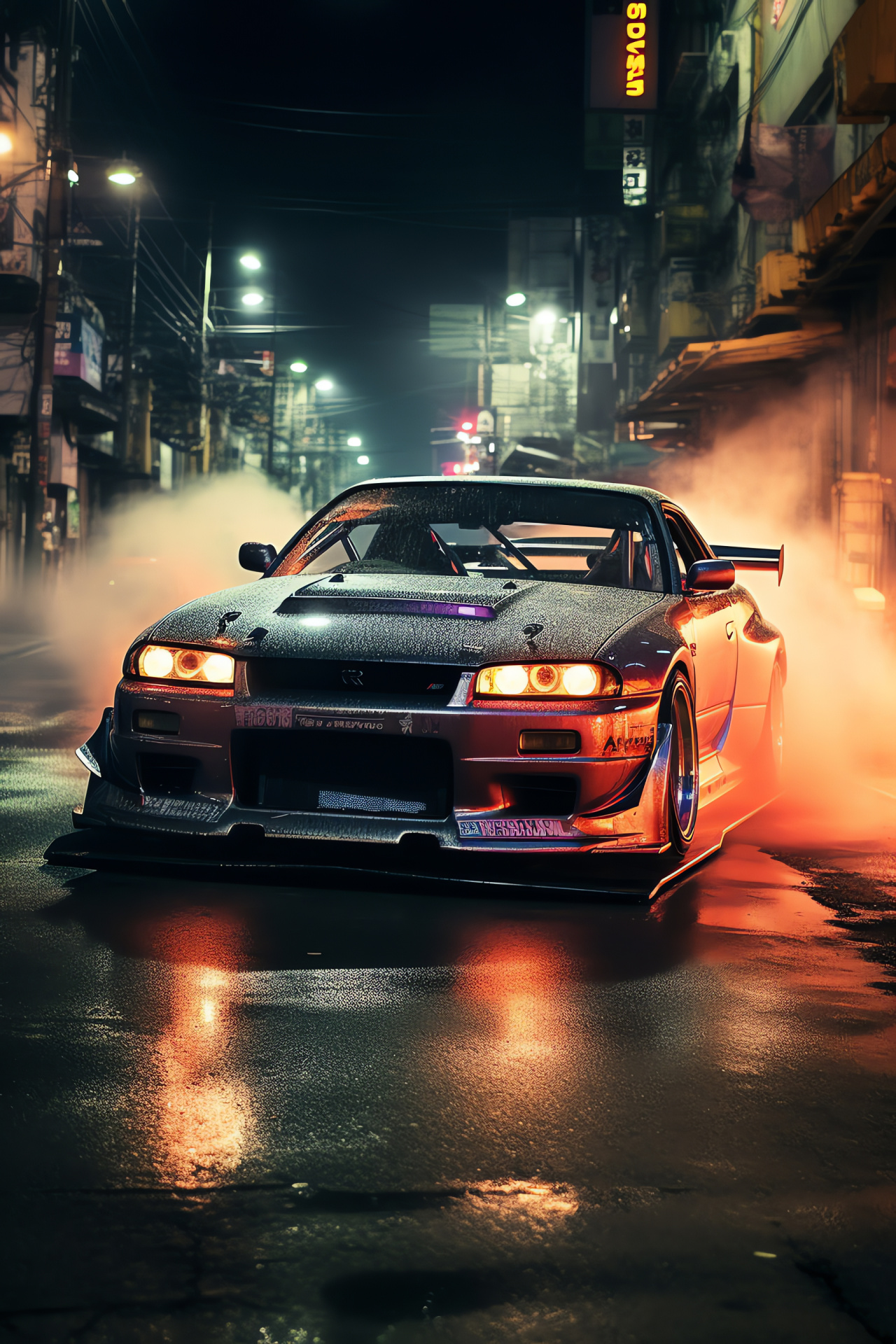 Nissan Skyline GTR, Tokyo cityscape, Iconic R32 model, Urban drifting, Luminous illumination, HD Phone Image