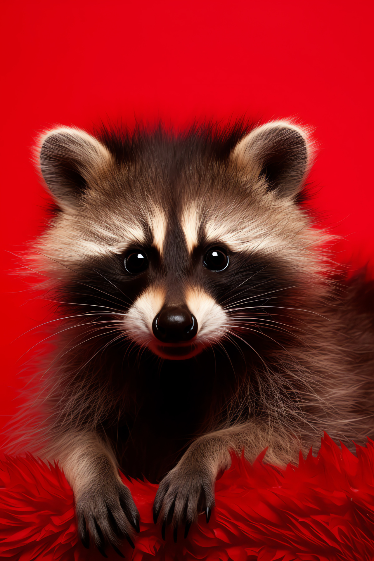 Procyonid cub, downy pelt texture, youthful bandit, sly grin, crimson backdrop, HD Phone Wallpaper