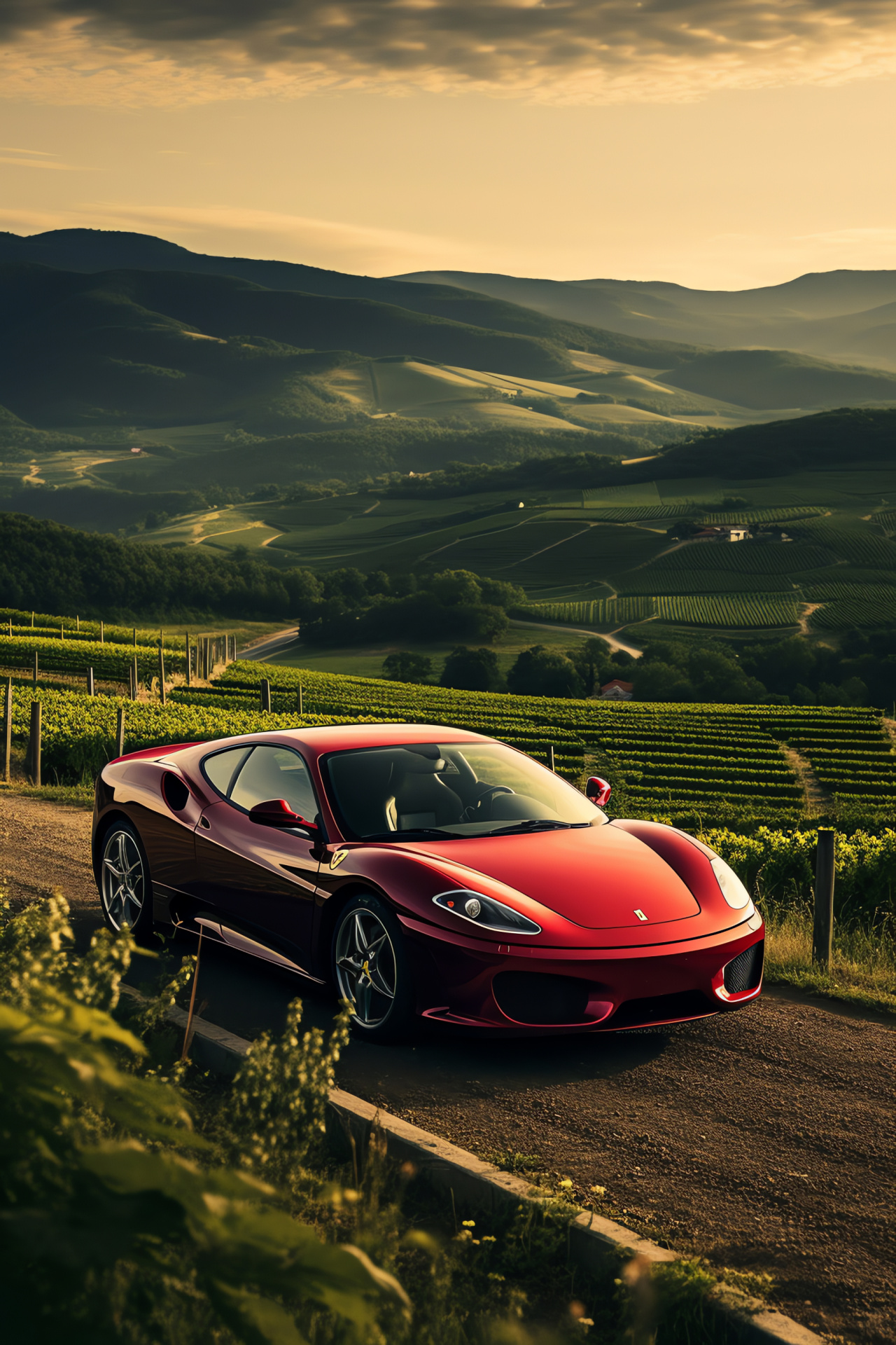 Ferrari 360 Modena customized by Veilside, Italian scenic driving, Performance sports car, Curvy mountain roads, Rosso corsa brilliance, HD Phone Wallpaper