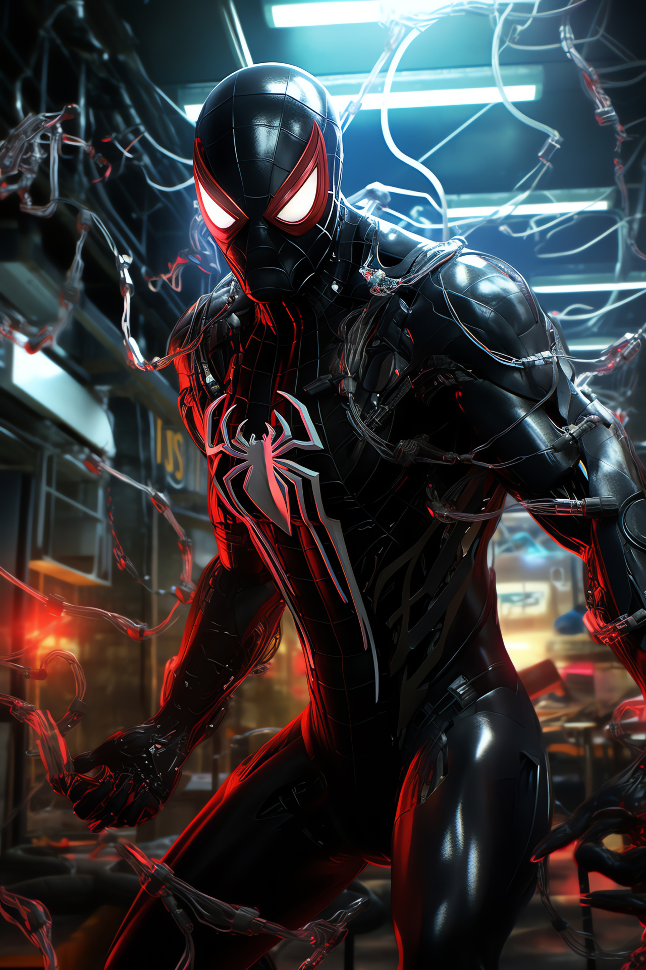 Spiderman film action, Mechanical adversaries, Advanced research space, Stealthy outfit, HD Phone Wallpaper