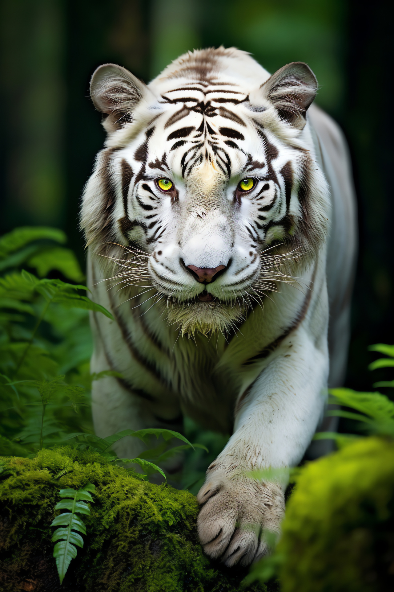 Dual-tone backdrop tiger, Blue-eyed striped big cat, Green and yellow contrast, Majestic feline portrait, HD Phone Image