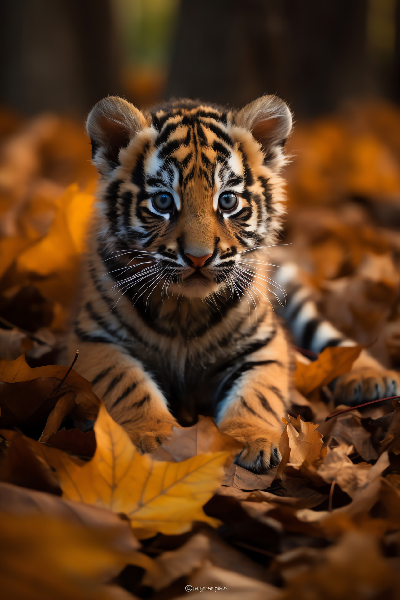 Tiger cub innocence, Youthful feline coat, Contrast striped pattern, Deciduous leaf floor, Chromatic visual vibrance, HD Phone Wallpaper