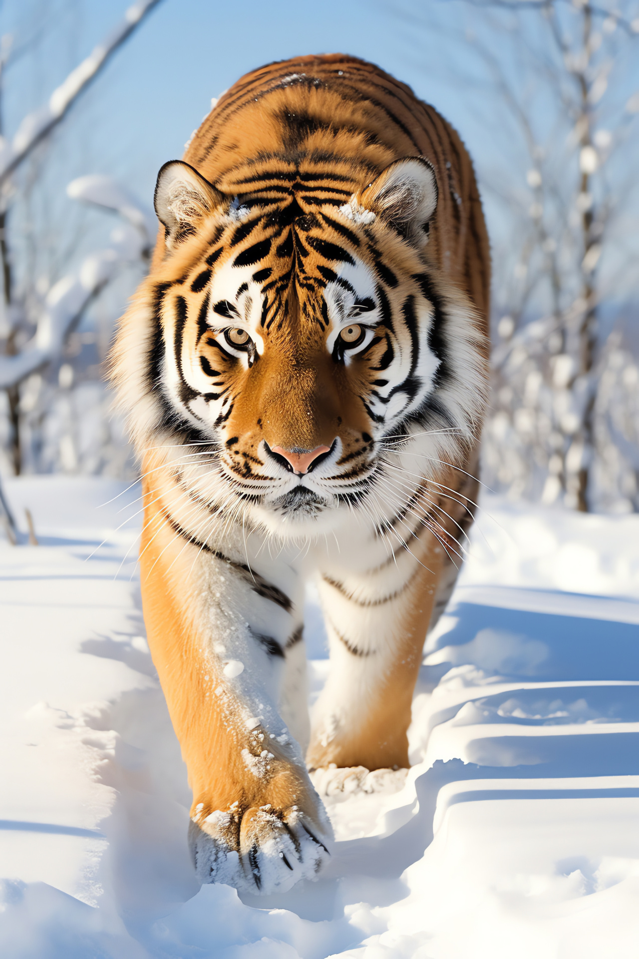 Snowy Siberian tiger portrait, Expansive Hokkaido view, Japanese winter wildlife, Cat atop snow terrain, HD Phone Image