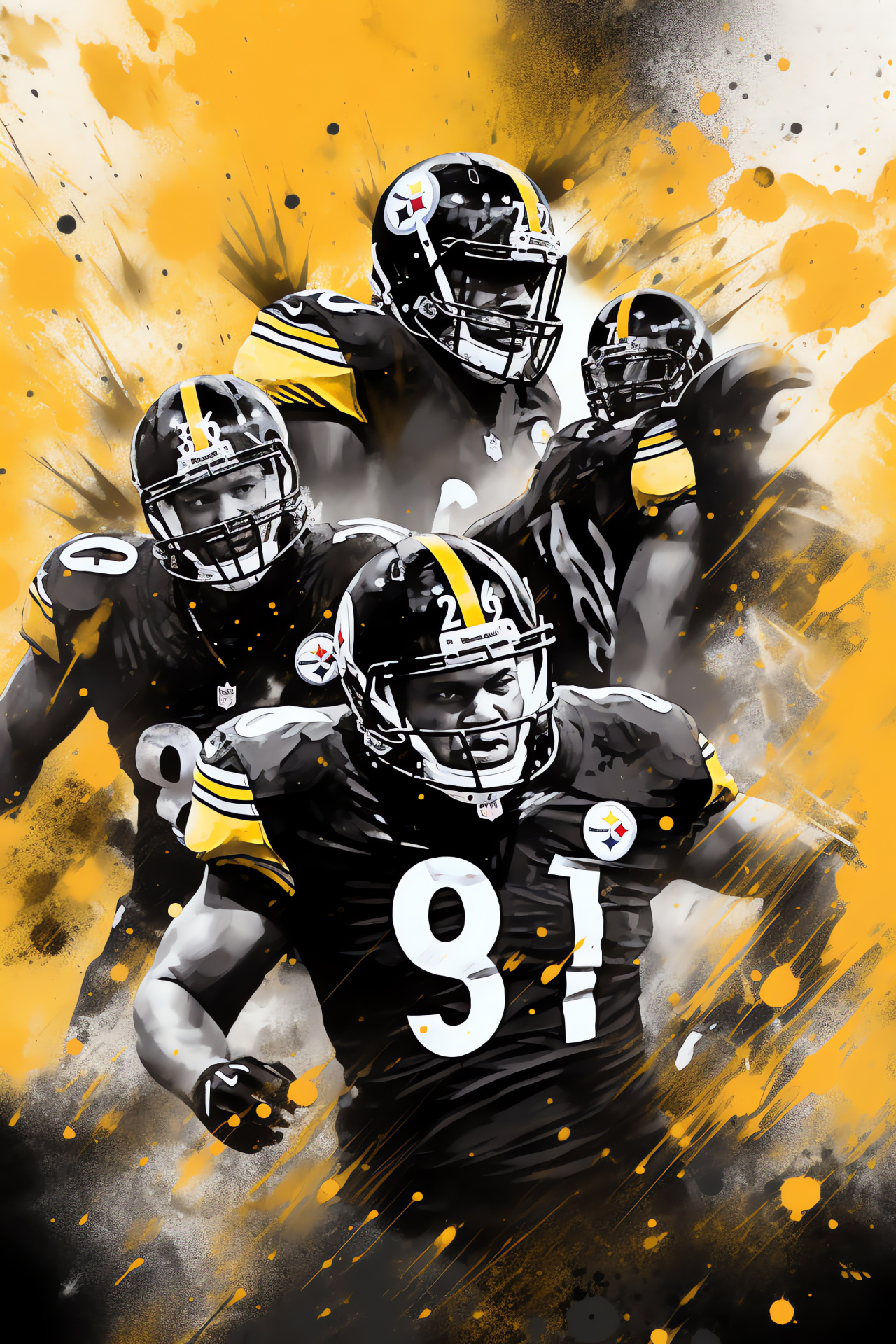 Pittsburgh Steelers defense, quarterback chase, game overhead view, dynamic graphic, NFL team art, HD Phone Image