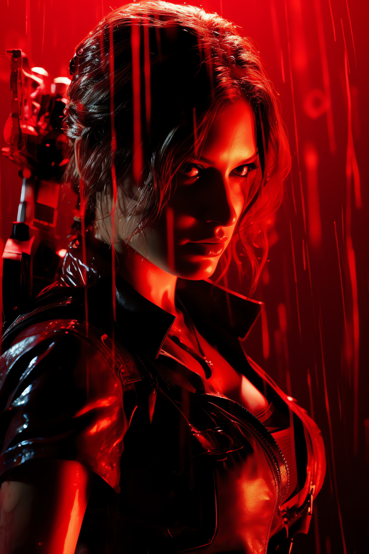 Resident Evil protagonist Claire Redfield, vivid green irises, fiery crimson hair, shiny obsidian jacket, medieval bolt shooter, HD Phone Image