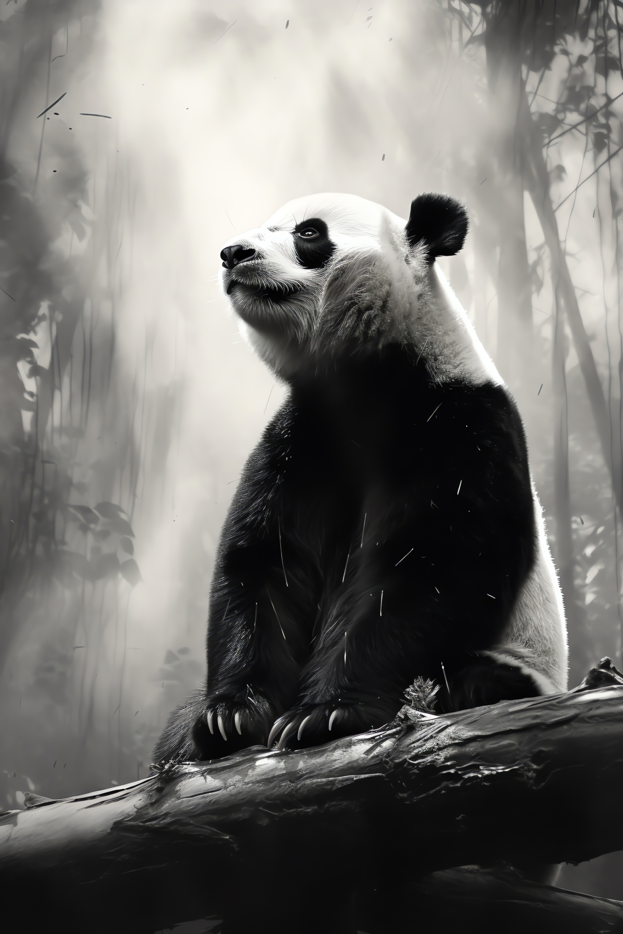 Panda, Solitary bear posture, Woody habitat element, Fluffy mammalian coat, Bamboo vegetation, HD Phone Wallpaper