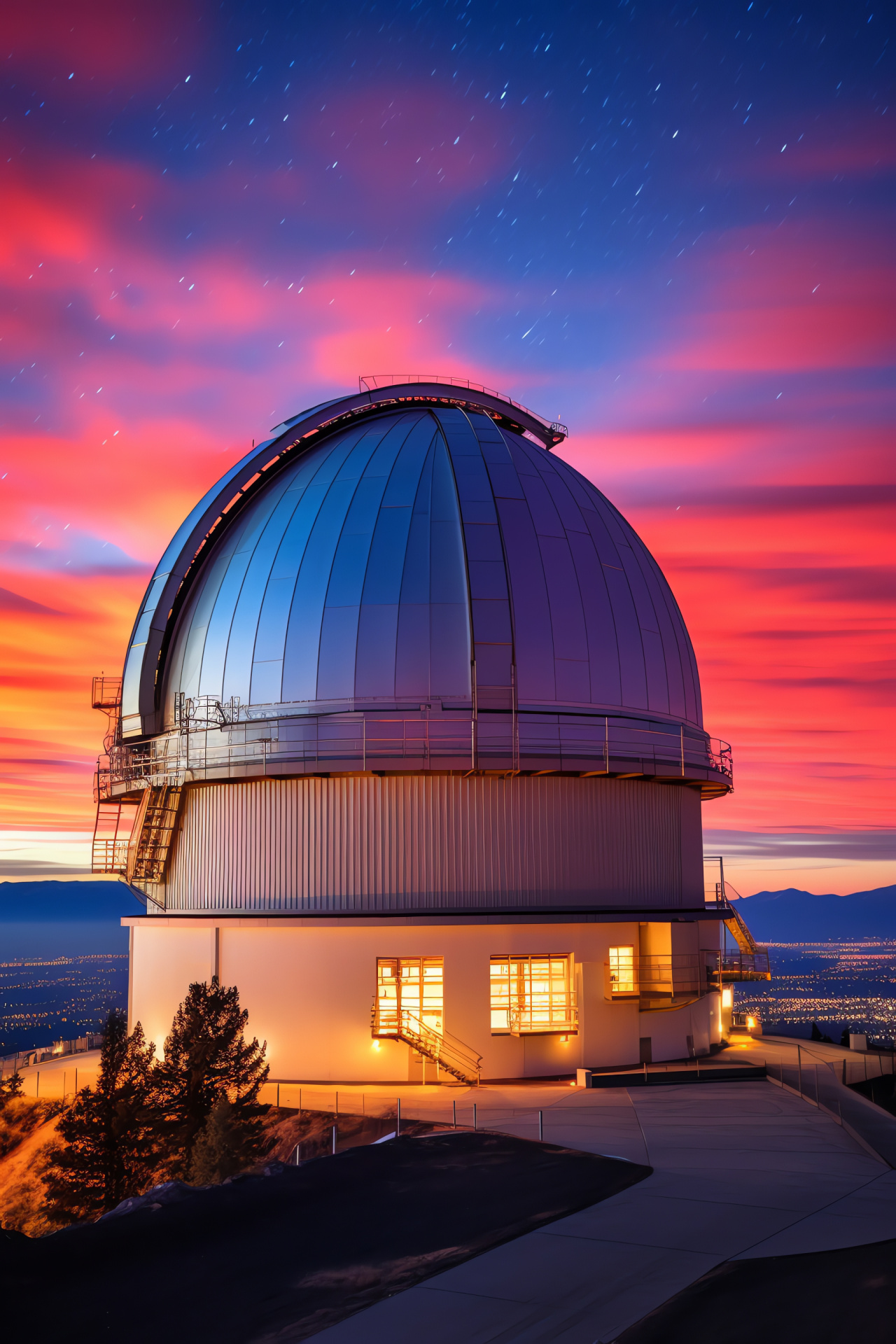 TMT Observatory, Evening astronomy, Celestial symphony, Dusky skies, Neon astronomical equipment, HD Phone Wallpaper