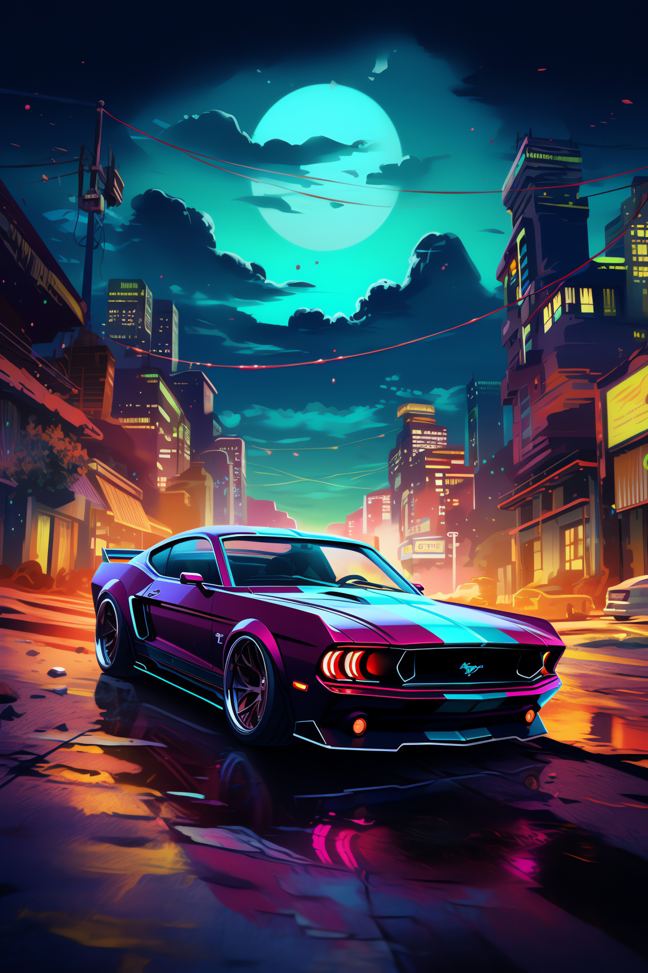 Mustang scene, Radiant urban vista, Conceptual neon city, Future metropolis art, Car in full display, HD Phone Image