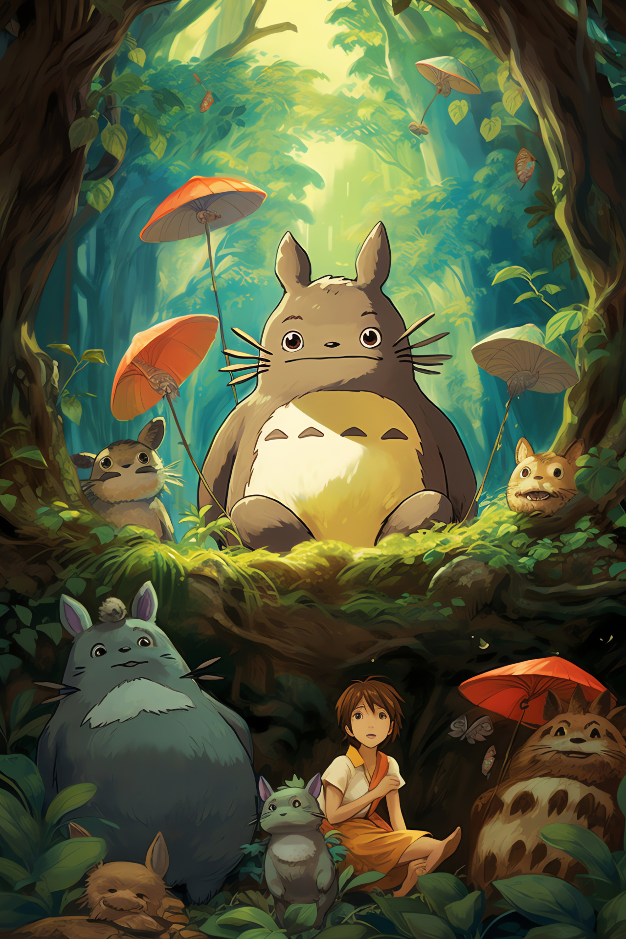 Iconic Japanese tale, Fluffy forest spirit, Sibling adventure, Woodland scenery, Majestic Growth, HD Phone Image